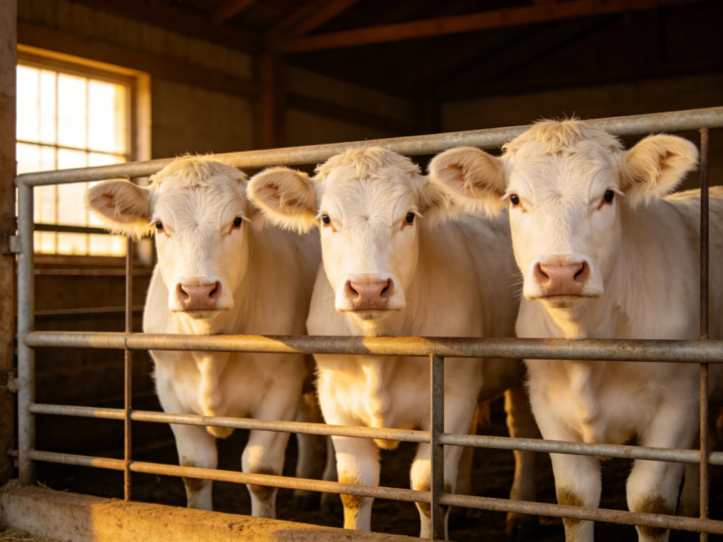Three white calves stand behind a metal fence in a barn