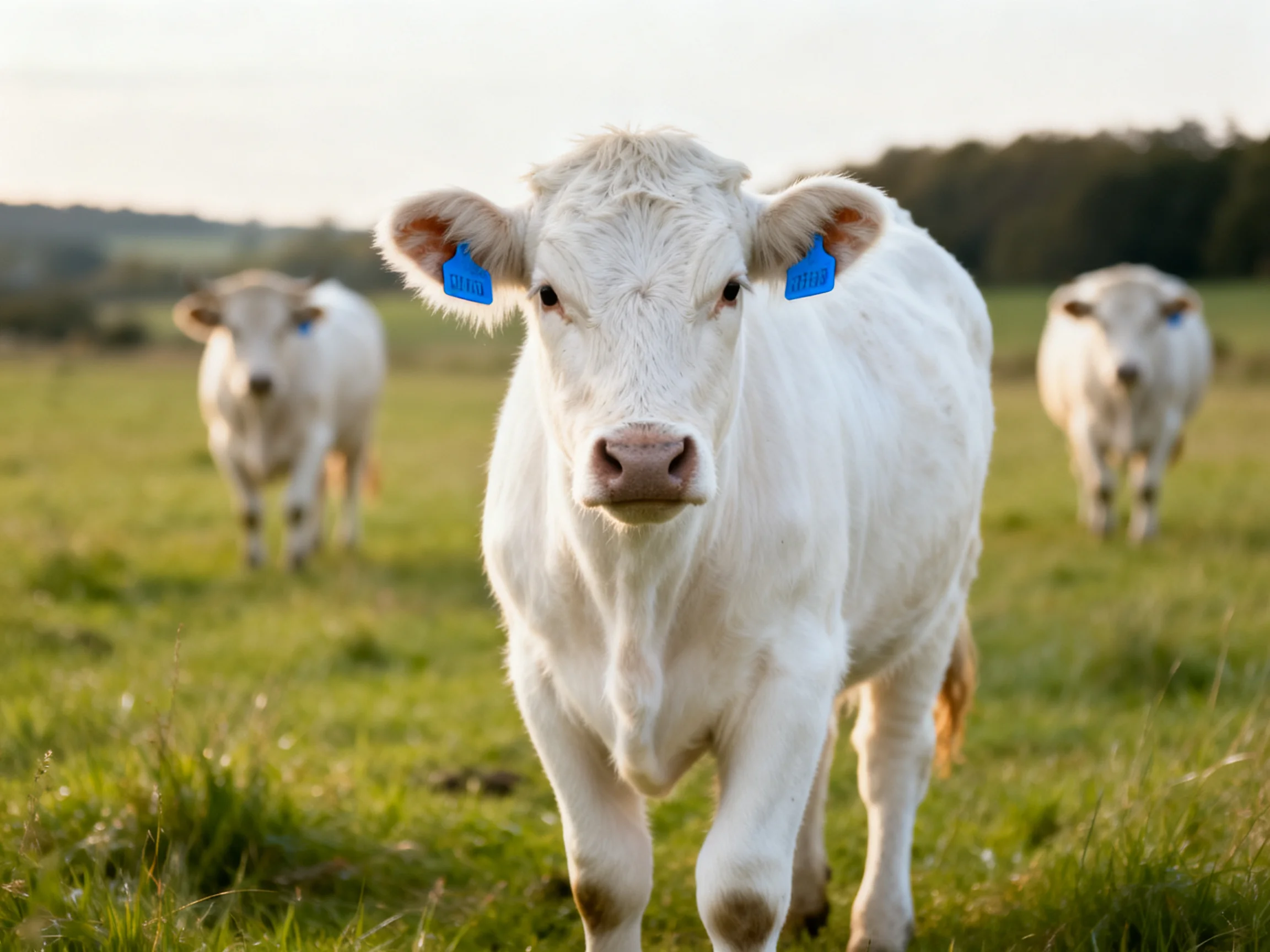 Three white calves with blue ear tags in a sunlit green pasture