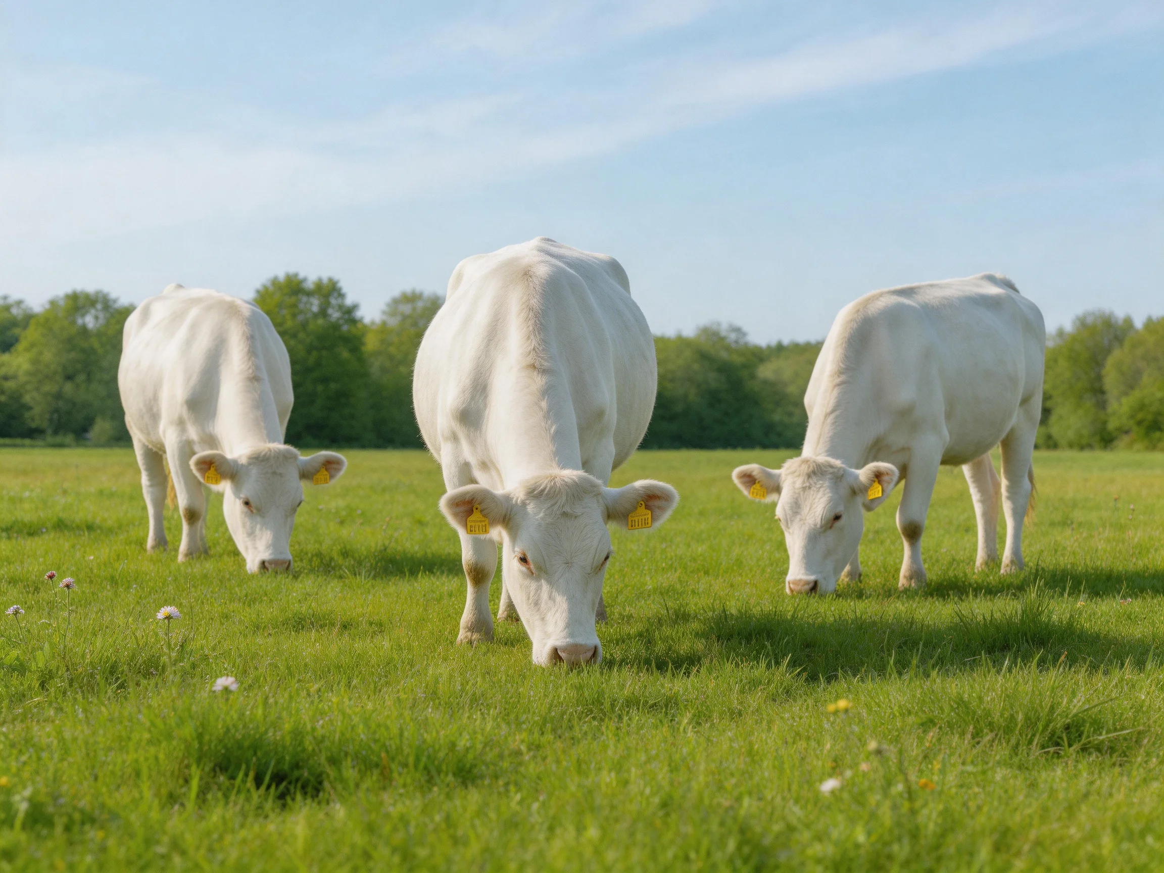 Three white cattle graze in a lush green pasture under clear skies