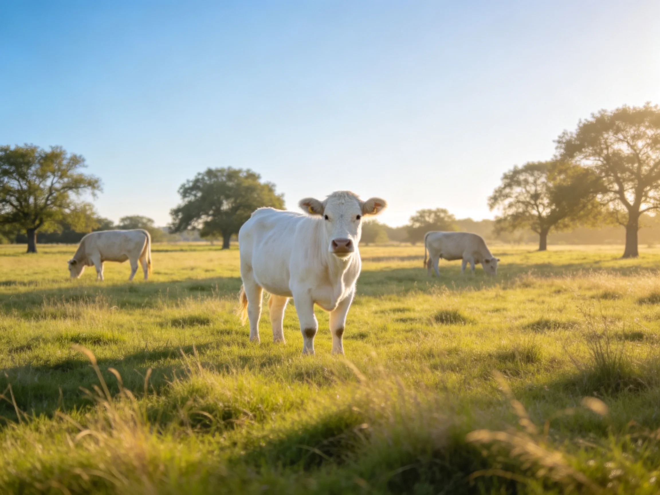 Three white cattle graze in a sunlit green pasture with scattered trees
