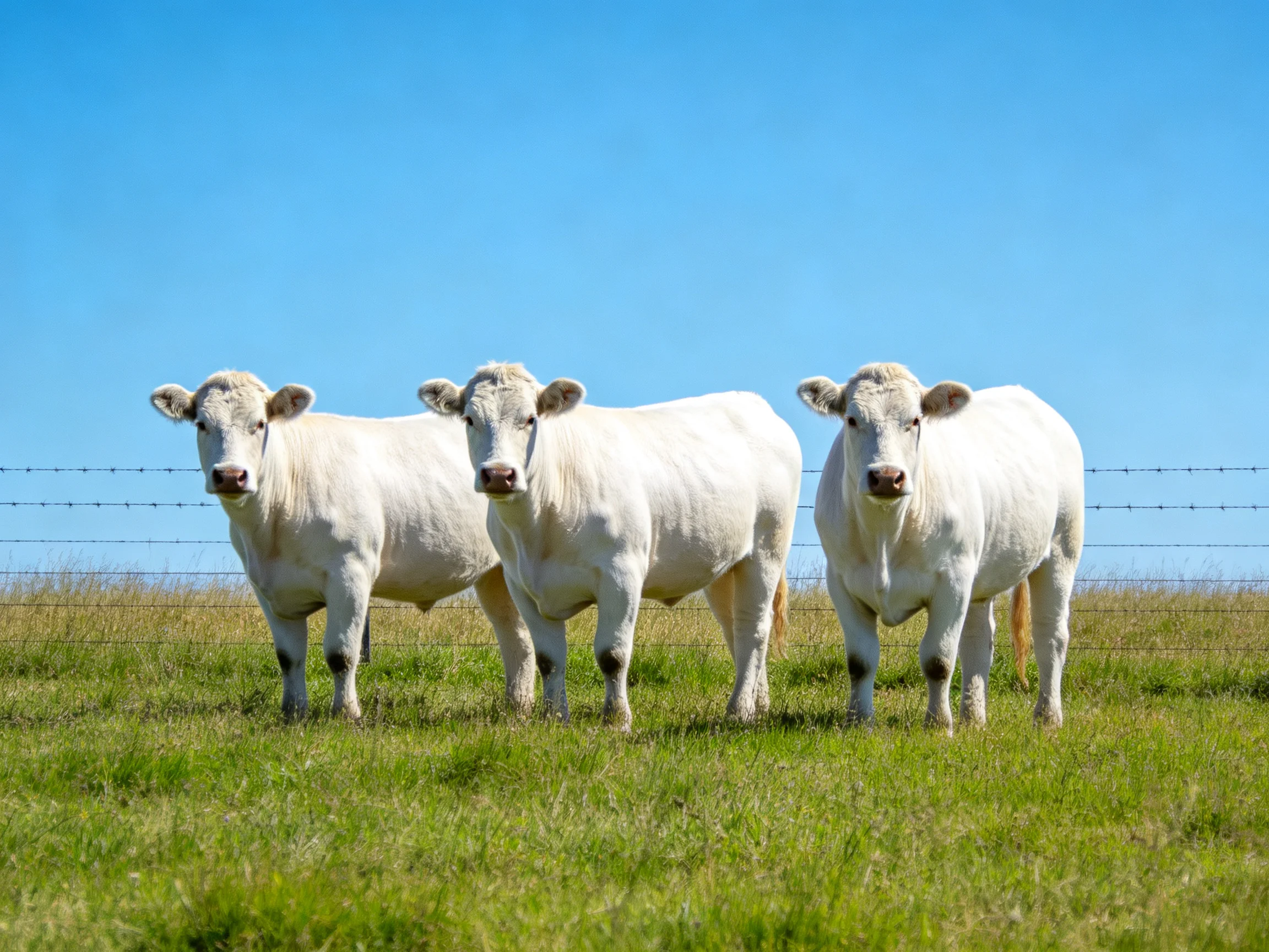 Three white cattle stand in a lush green pasture under a clear blue sky