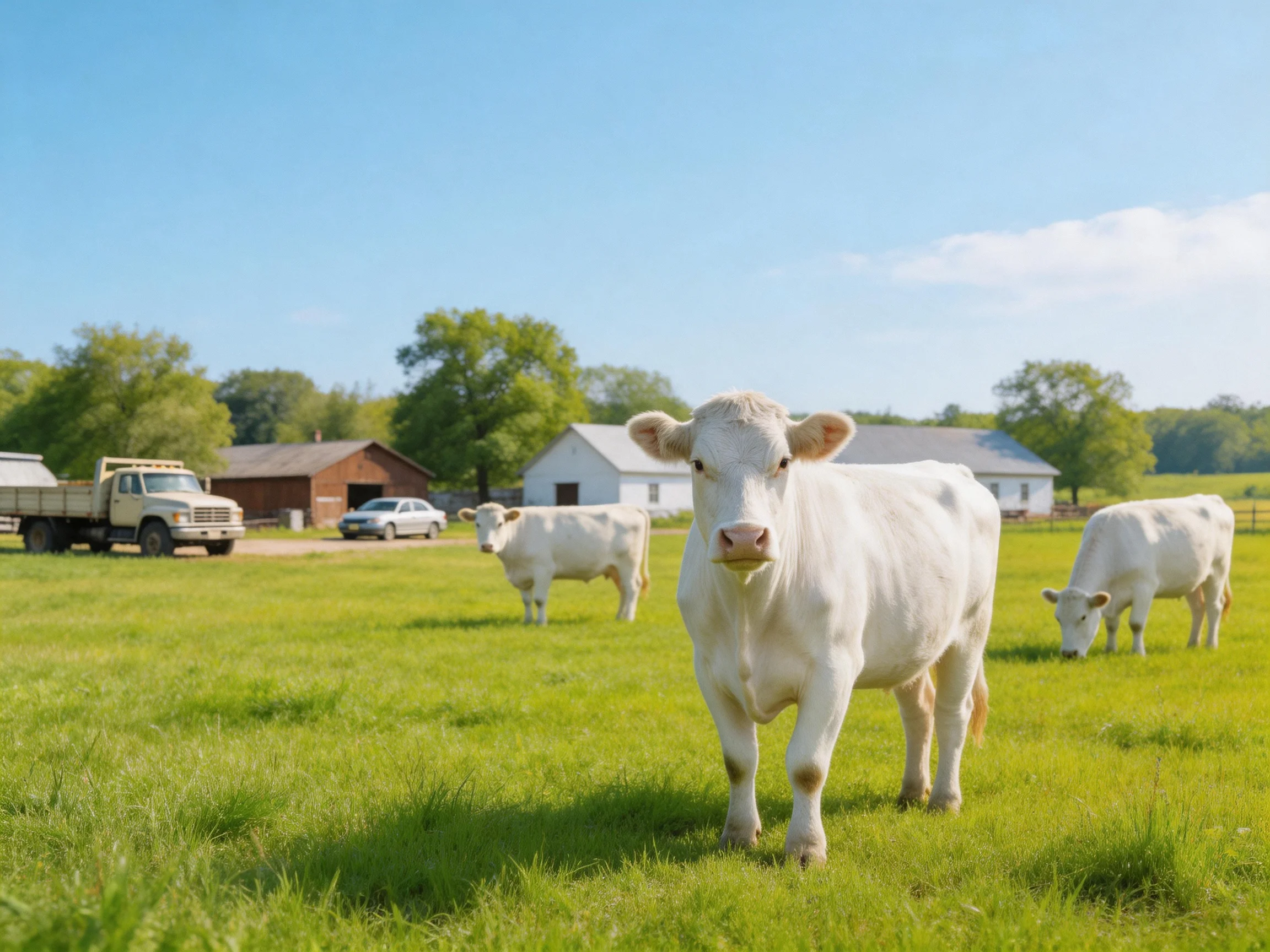 Three white cows graze in a lush green pasture near farm buildings