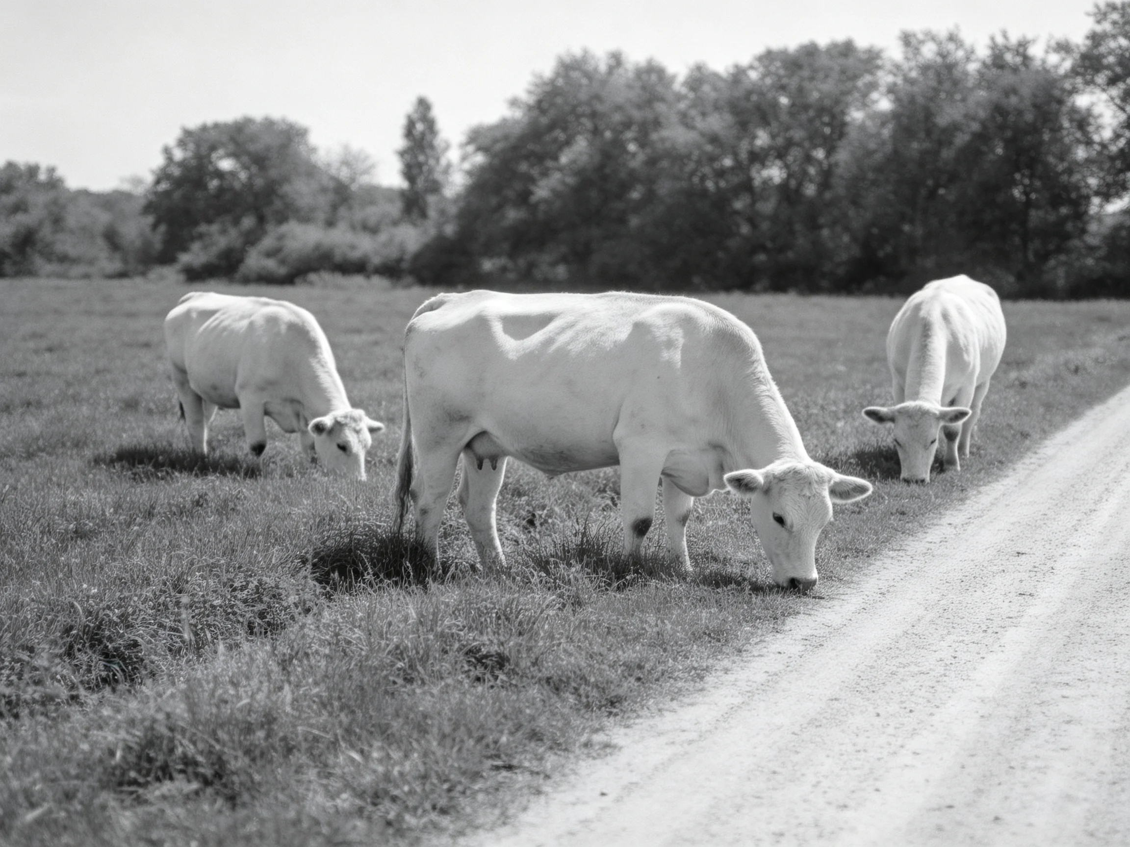 Three white cows graze near a dirt road with trees in the background.