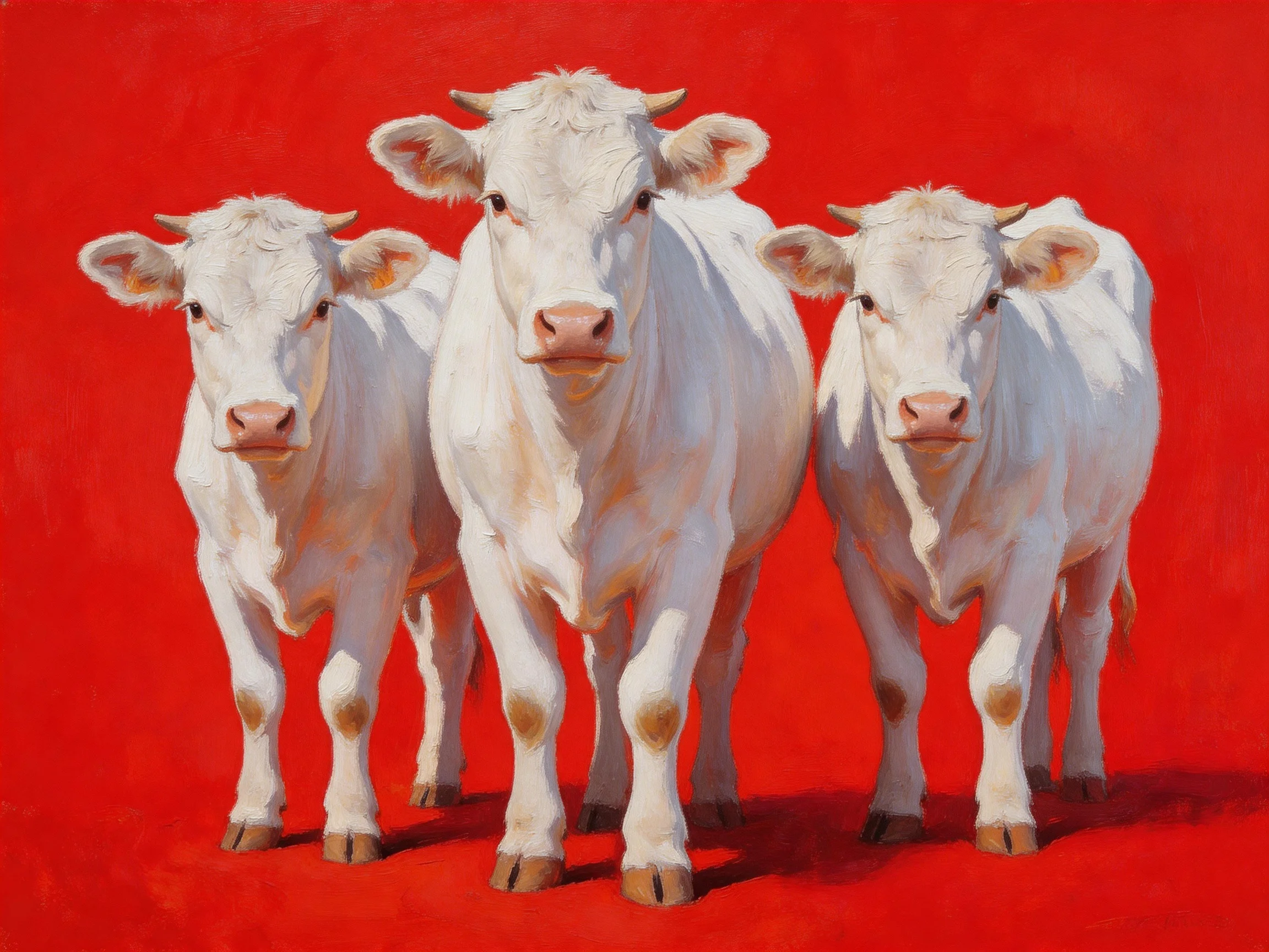 Three white cows grouped against a vivid red backdrop