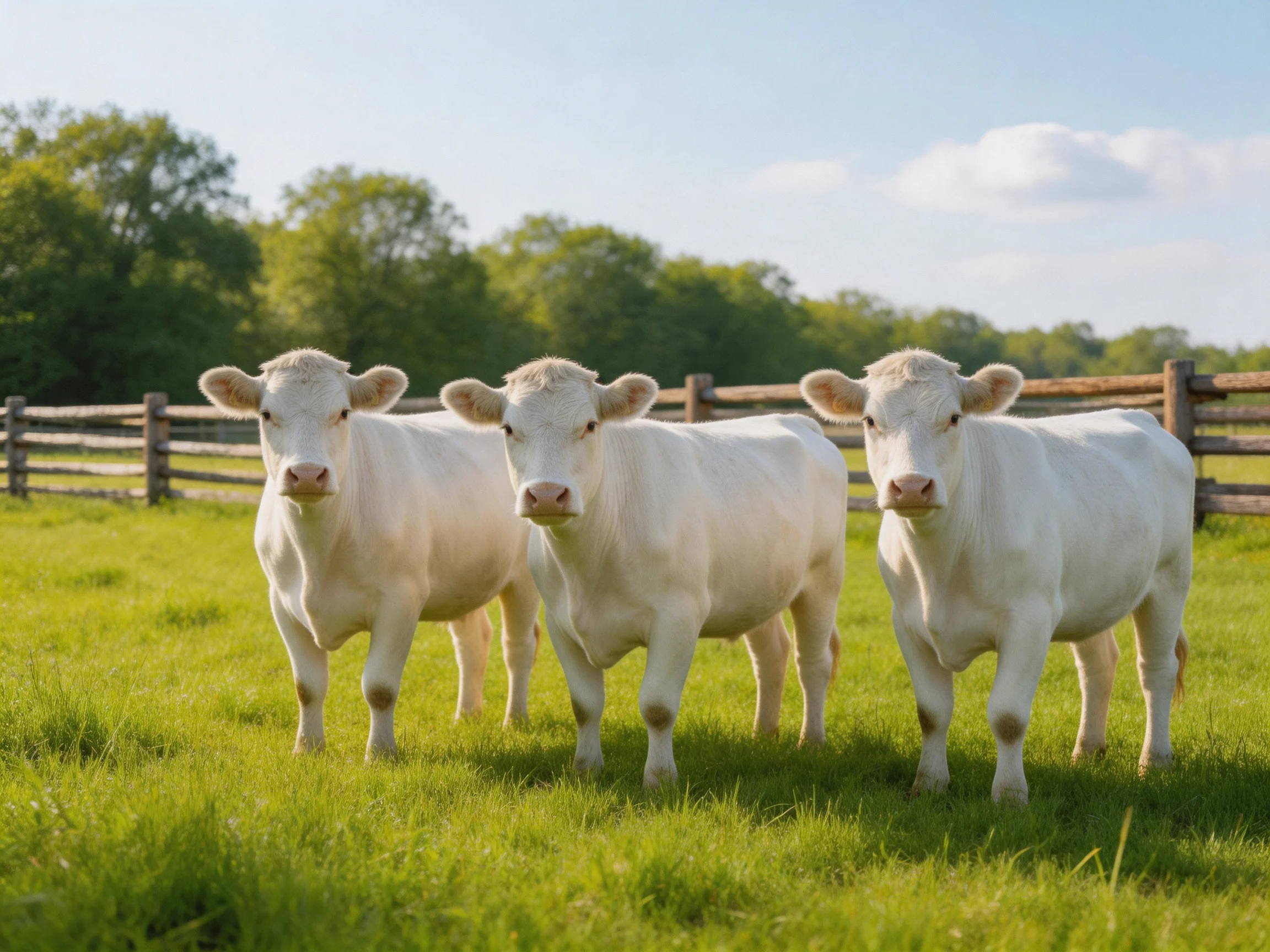 Three white cows in a green pasture near a wooden fence
