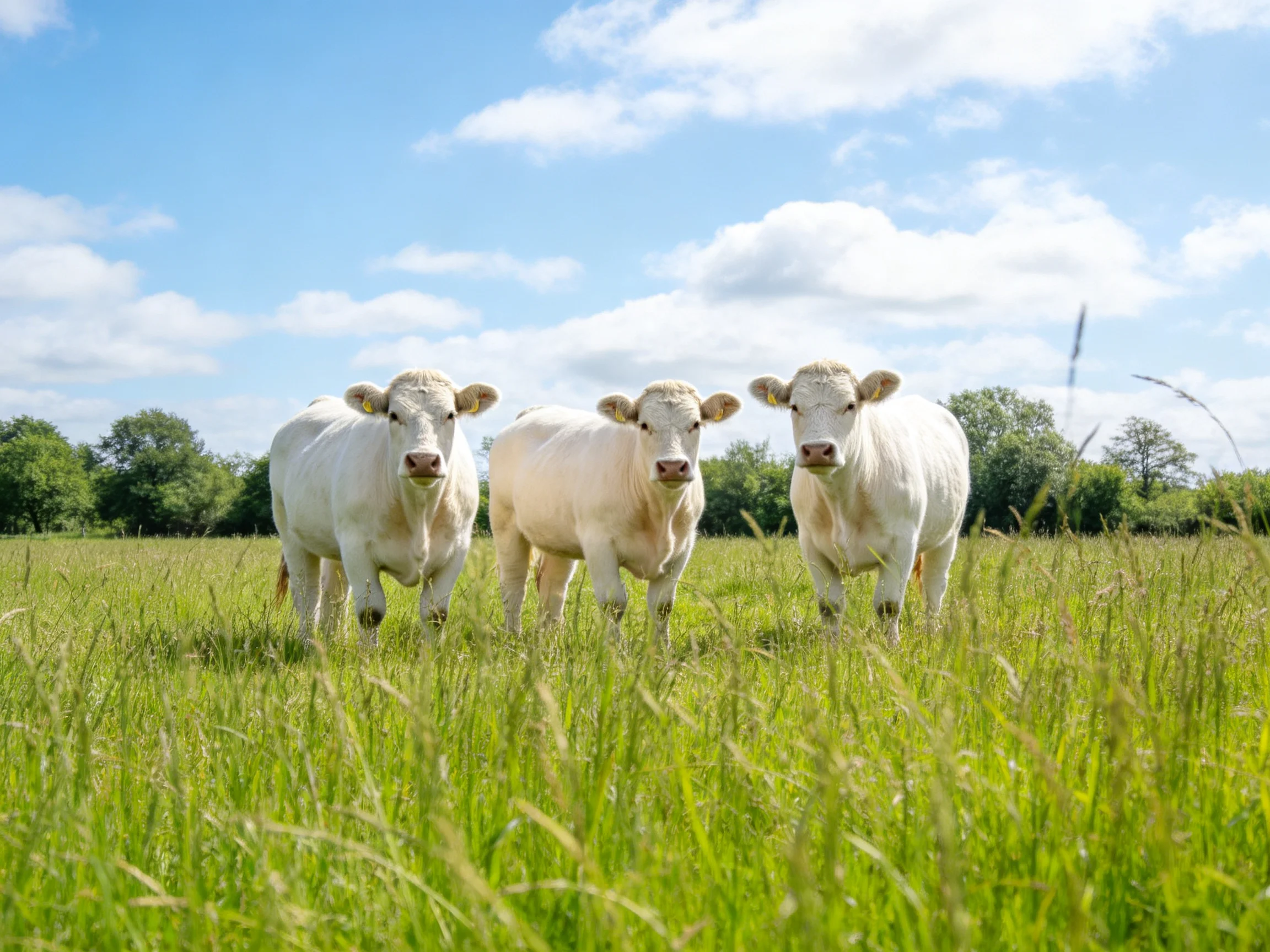 Three white cows stand in a sunlit green pasture with blue skies.