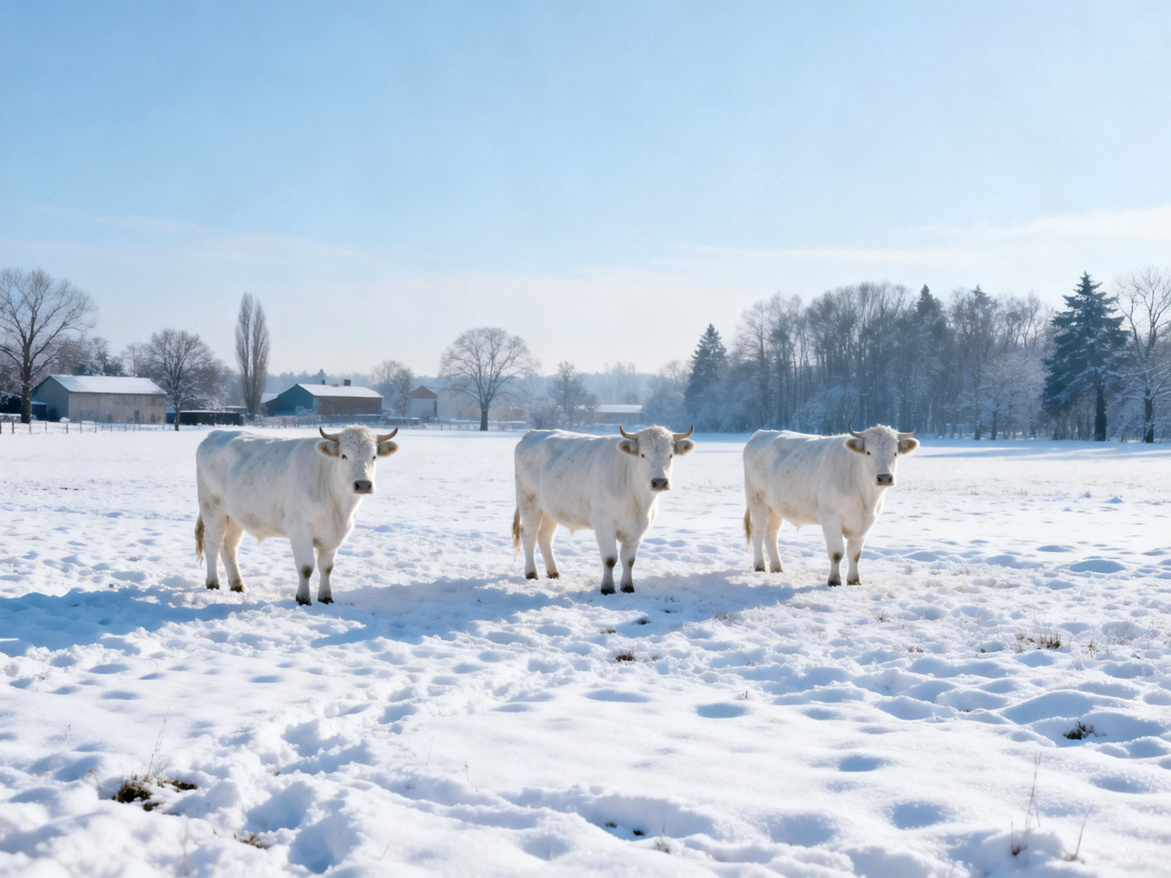 Three white cows in a snow-covered farm landscape