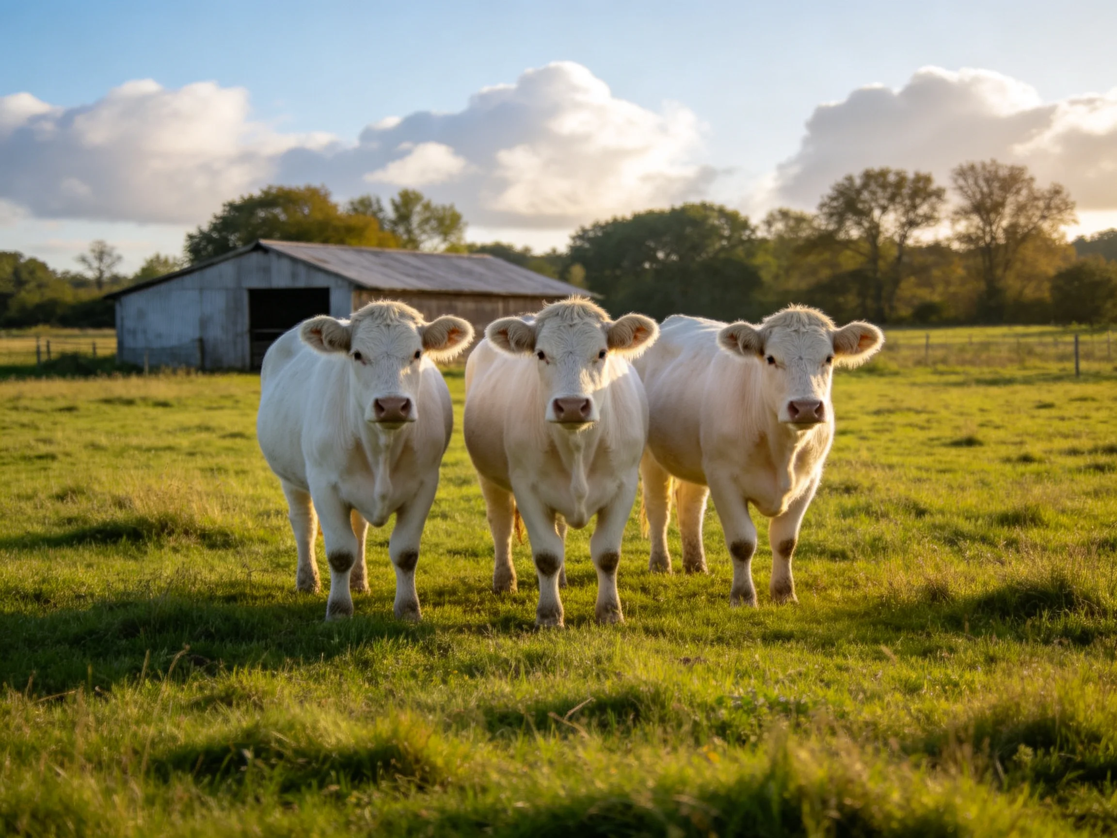 Three white cows stand together in a sunlit pasture with a barn nearby.