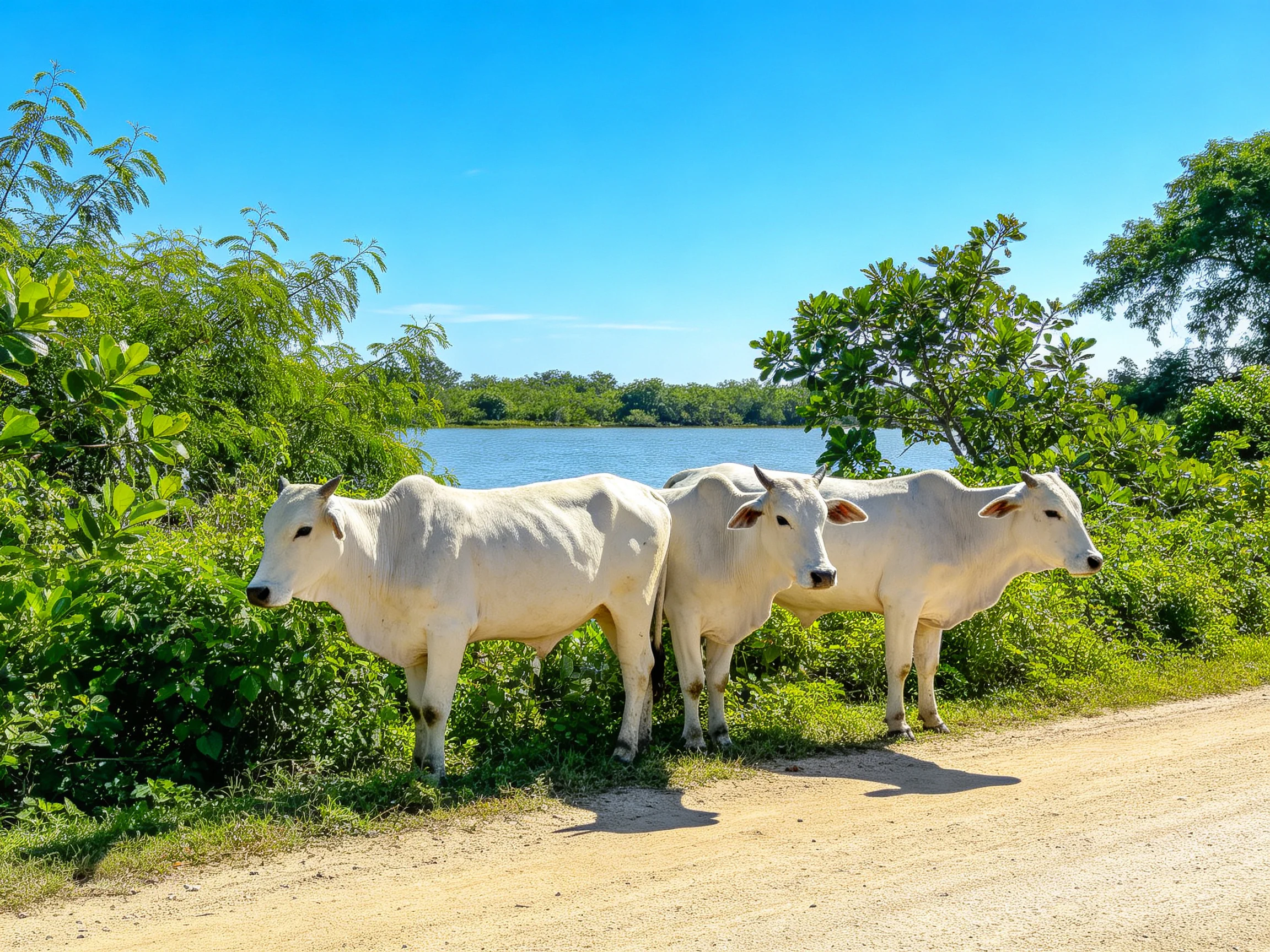Three white cows stand beside a dirt road near a blue lake