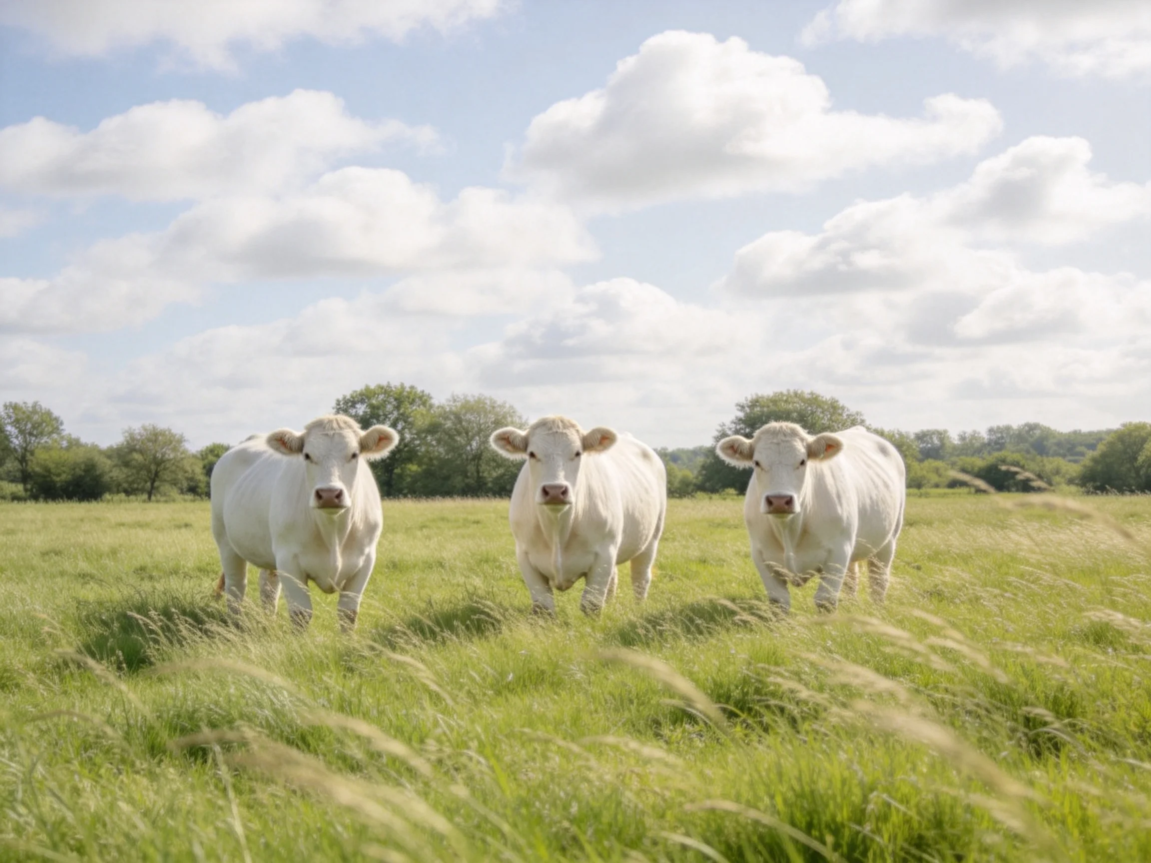 Three white cows are in a sunny meadow with scattered clouds
