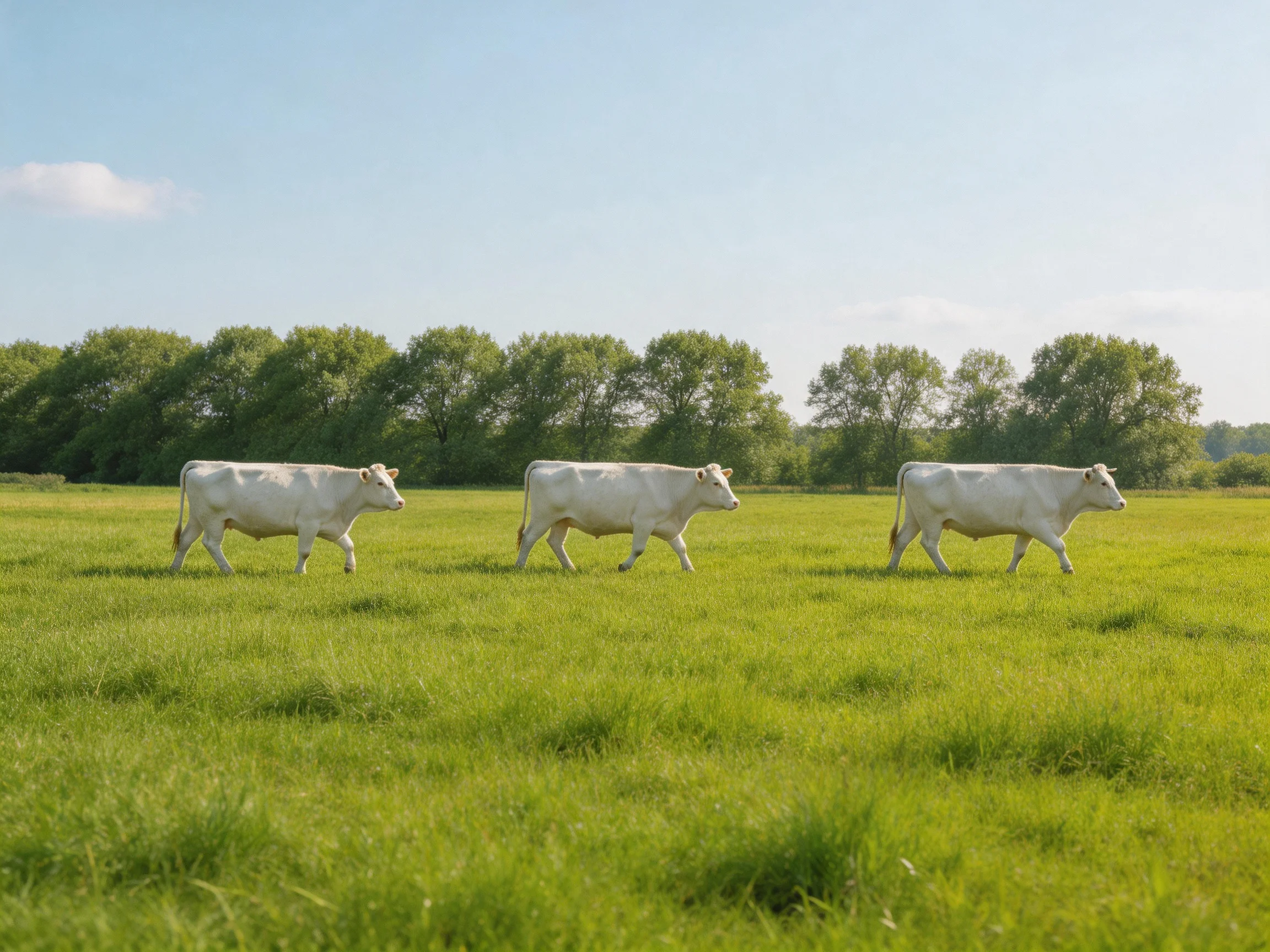 Three white cows stroll through a lush green pasture