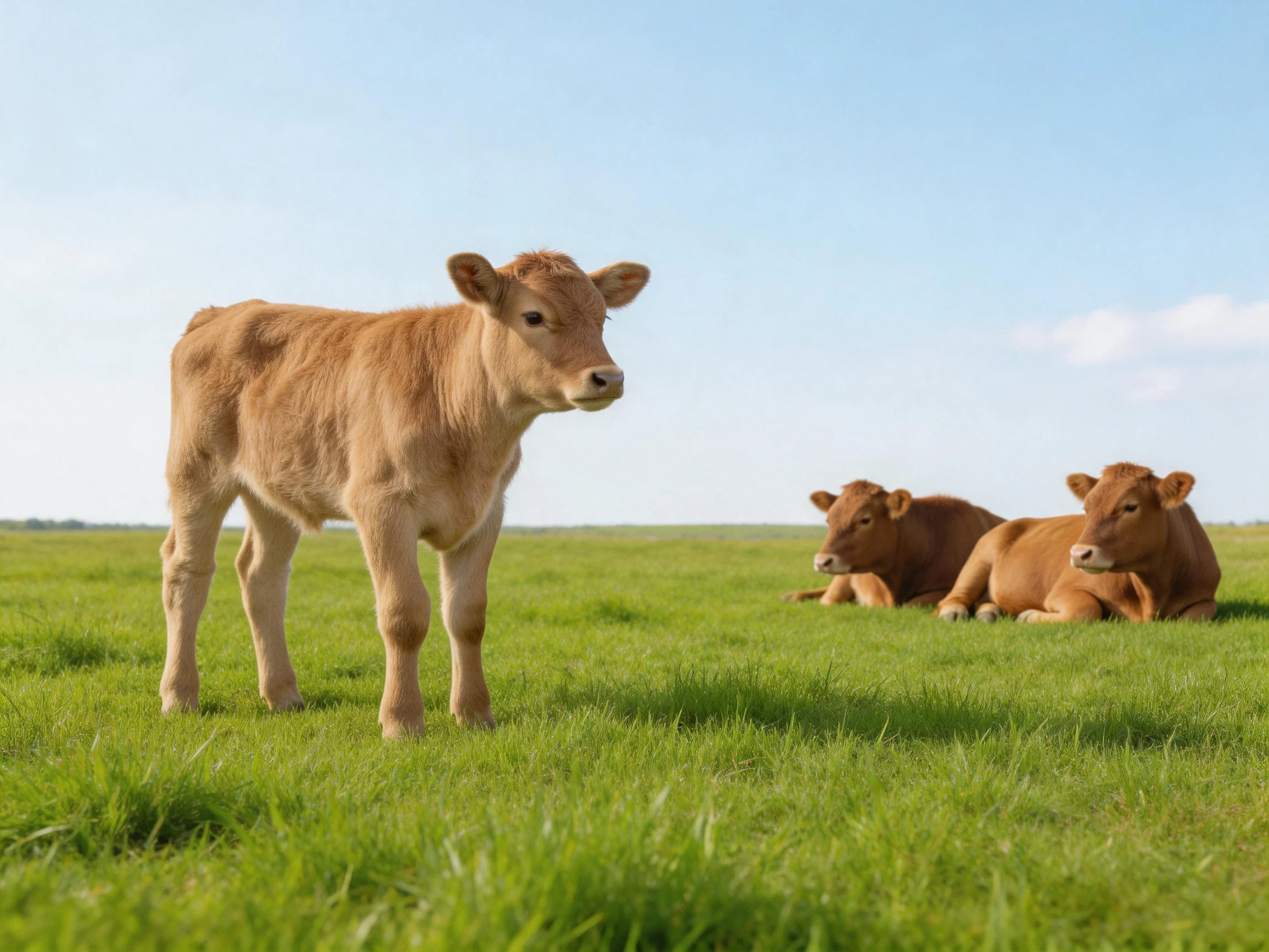 Three young brown calves, one standing, two resting, in a sun-drenched green pasture