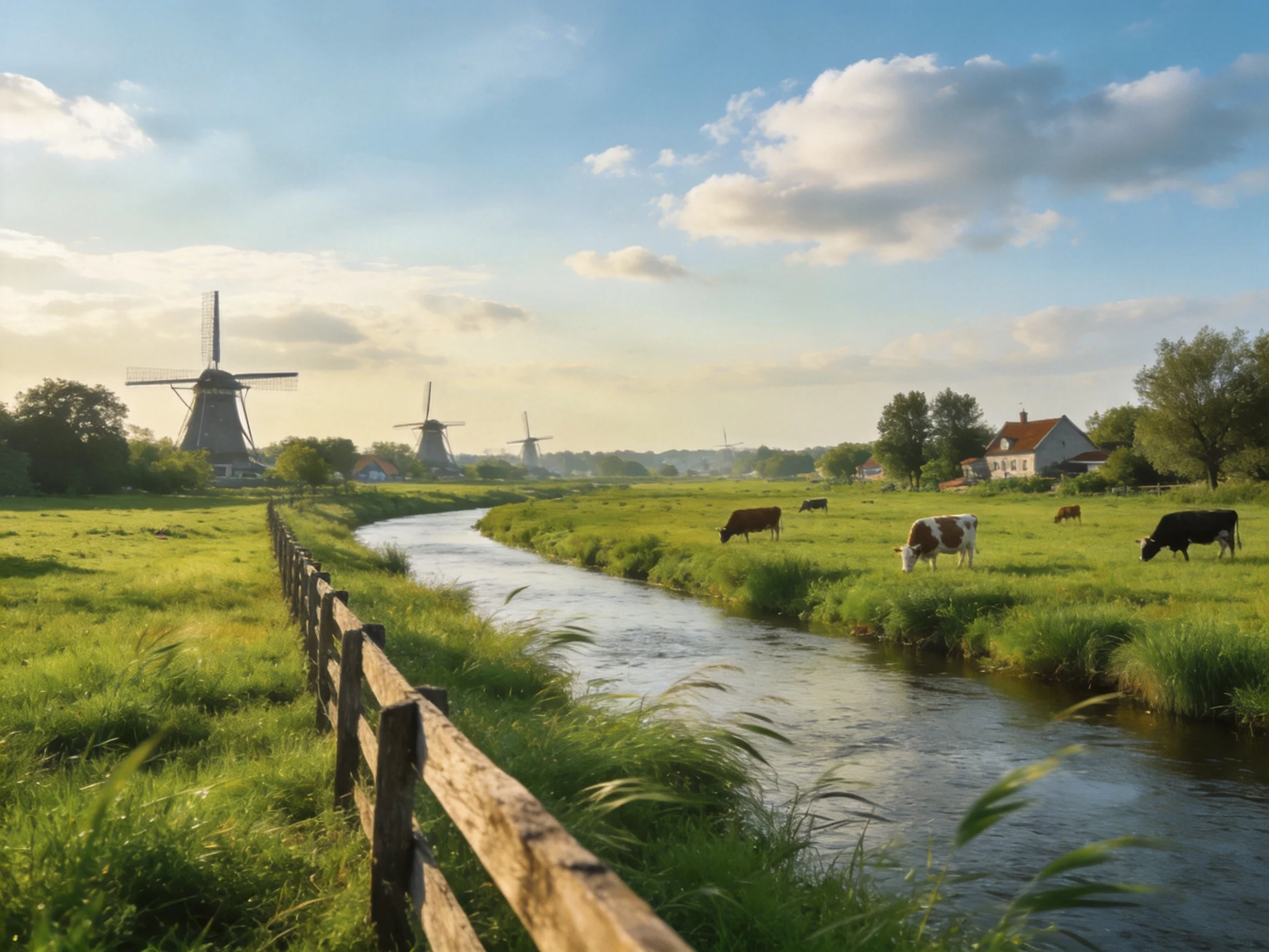 Traditional windmills near a winding river with grazing cows