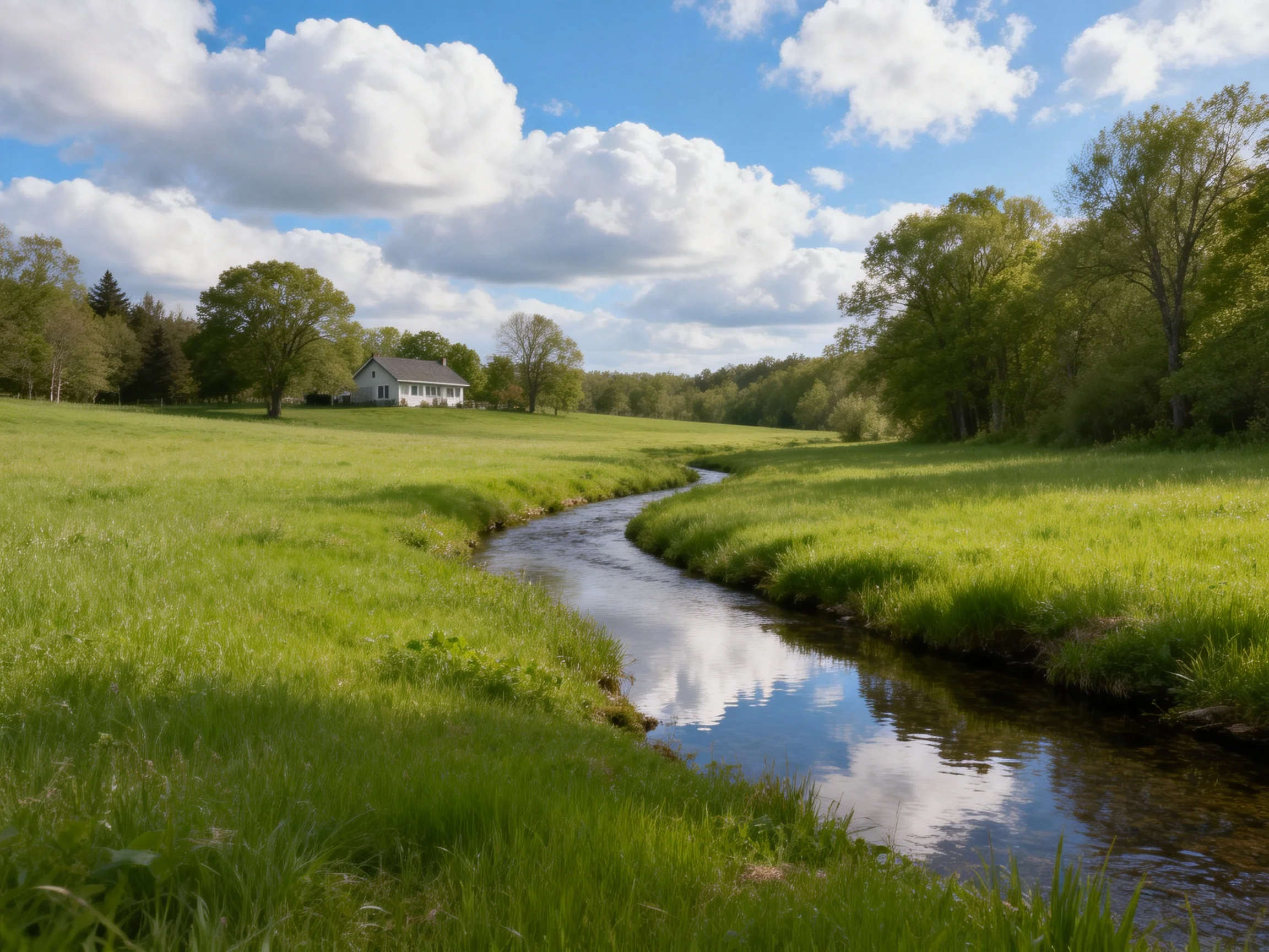 Tranquil countryside with winding stream, lush green meadows, and a secluded house