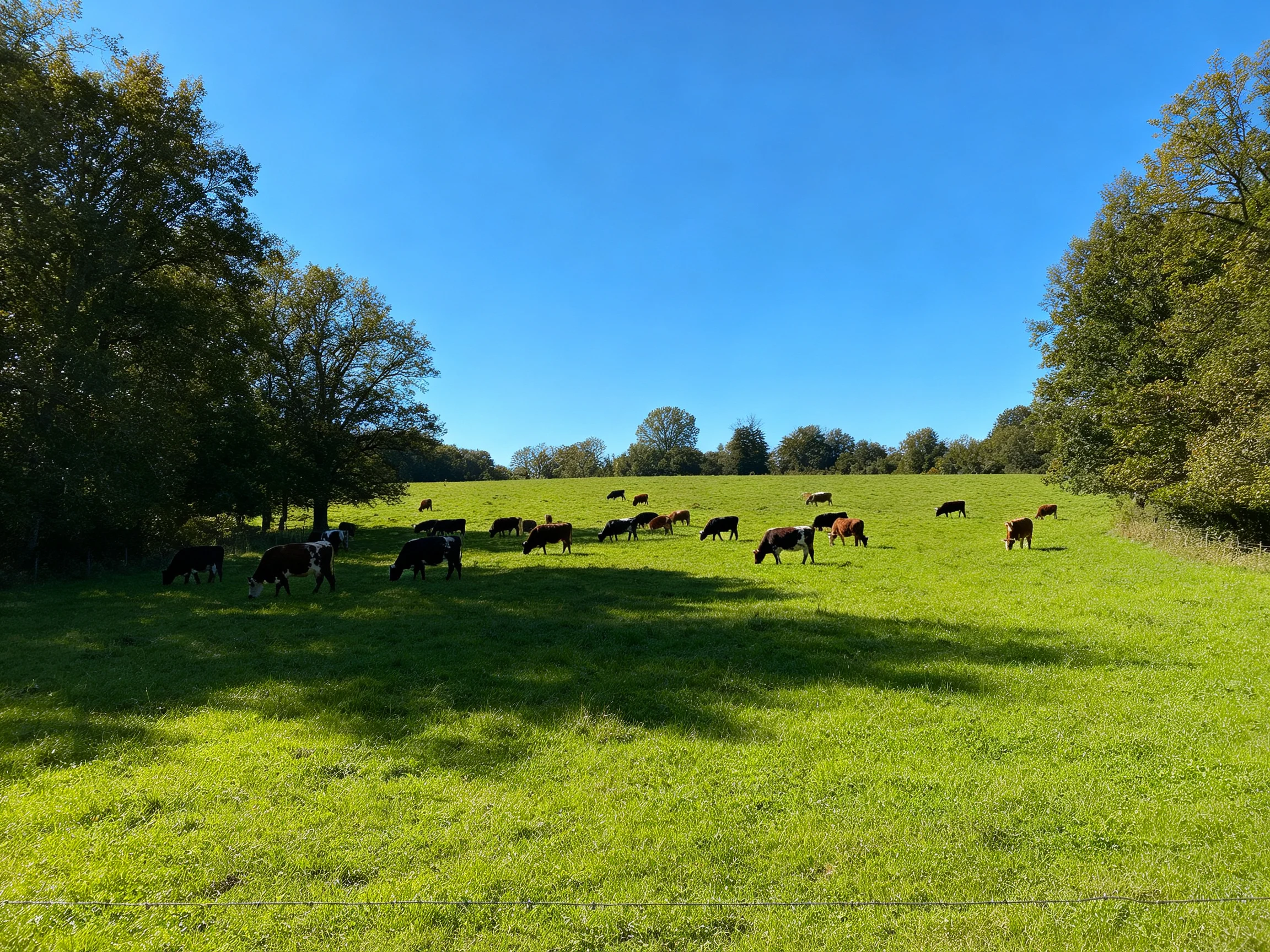Cows graze in a sunny green pasture near large trees.