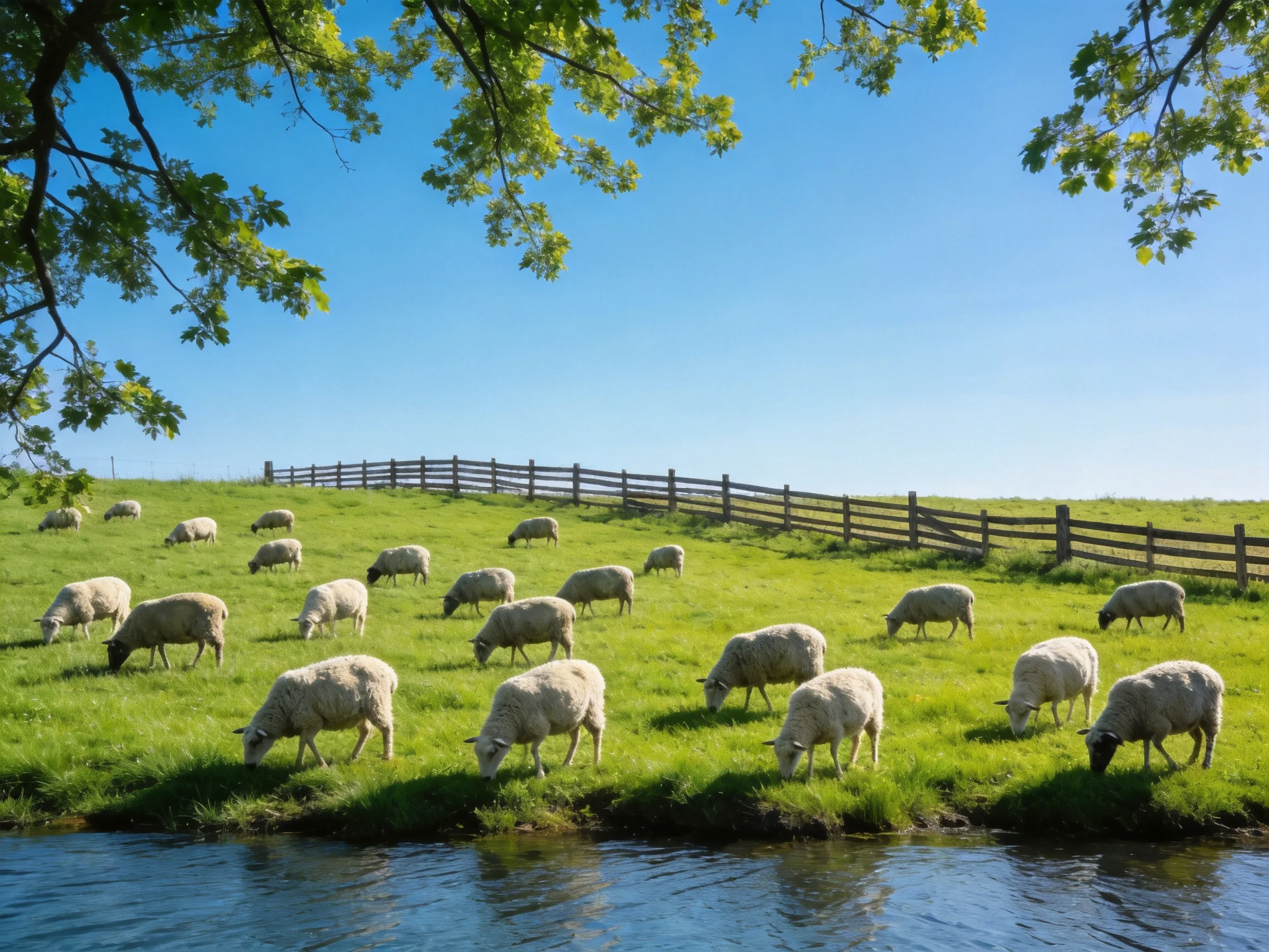 Twenty sheep graze in a vibrant green meadow beside a wooden fence