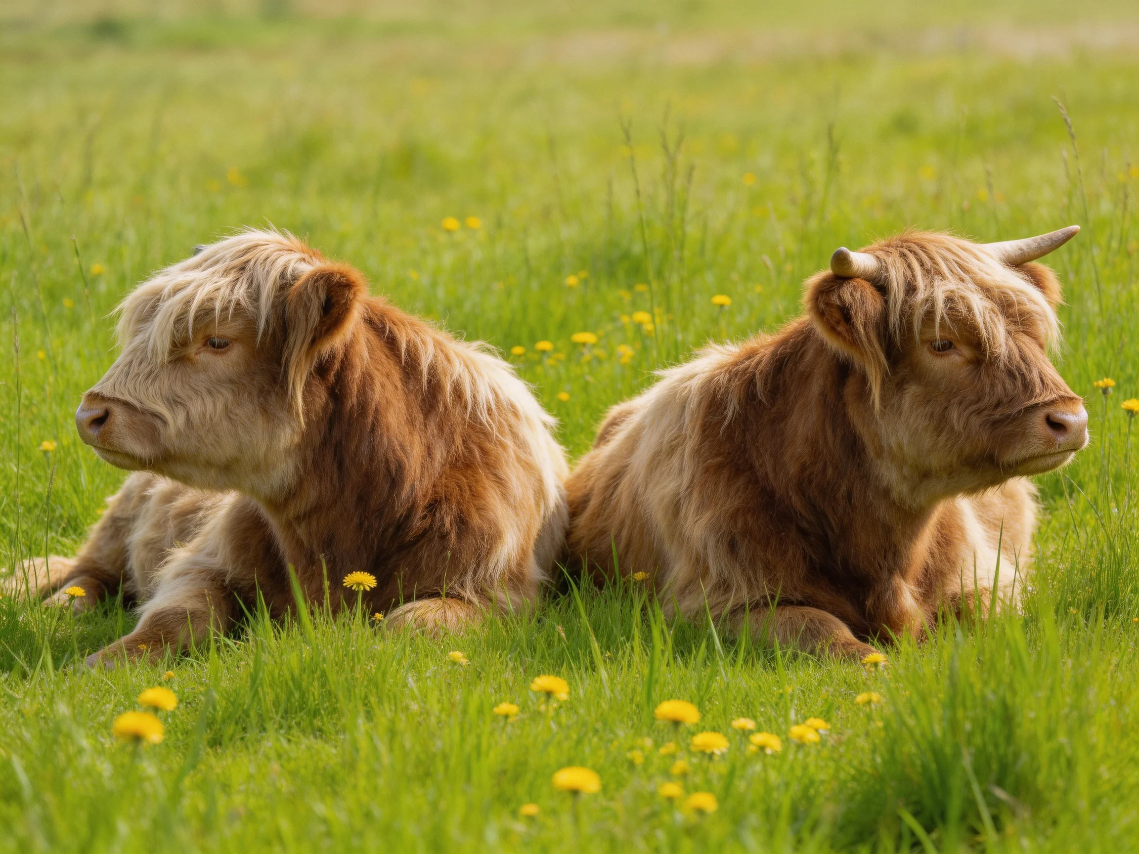 Two Highland calves rest in a lush green meadow dotted with yellow flowers