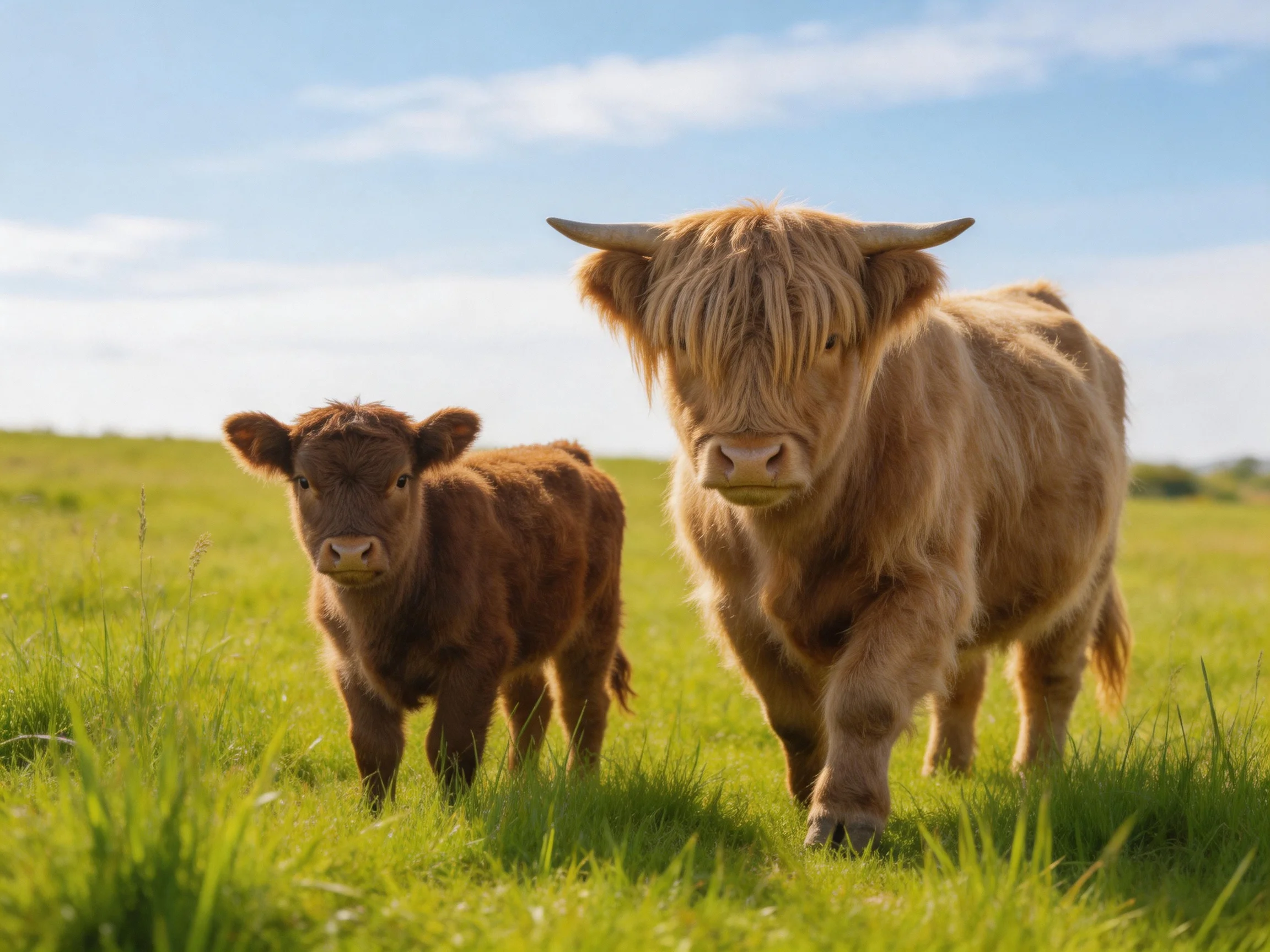 Two Highland cattle, an adult and a calf, in a sunny green pasture