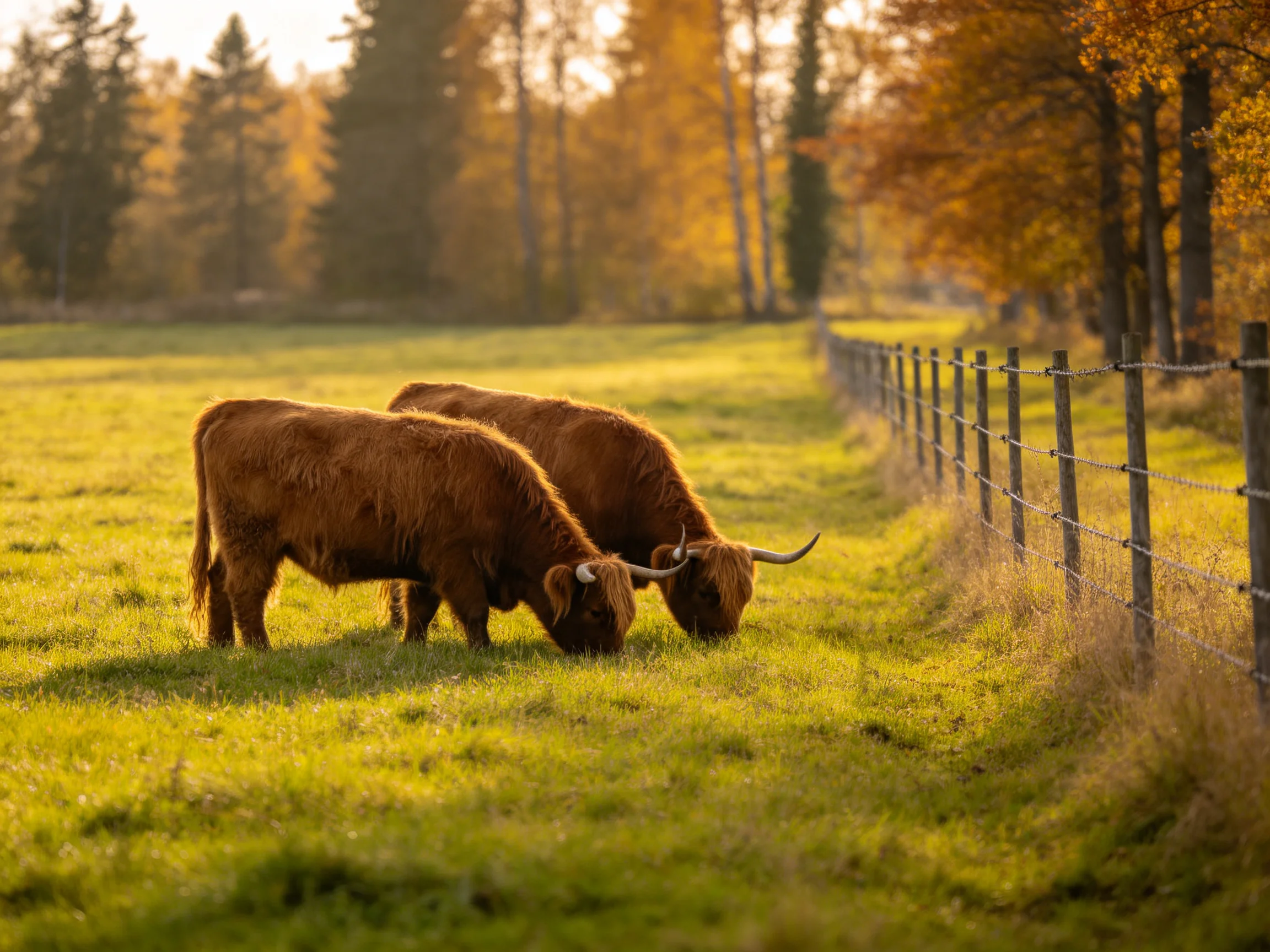 Two Highland cattle graze in a golden autumn meadow near a wooden fence
