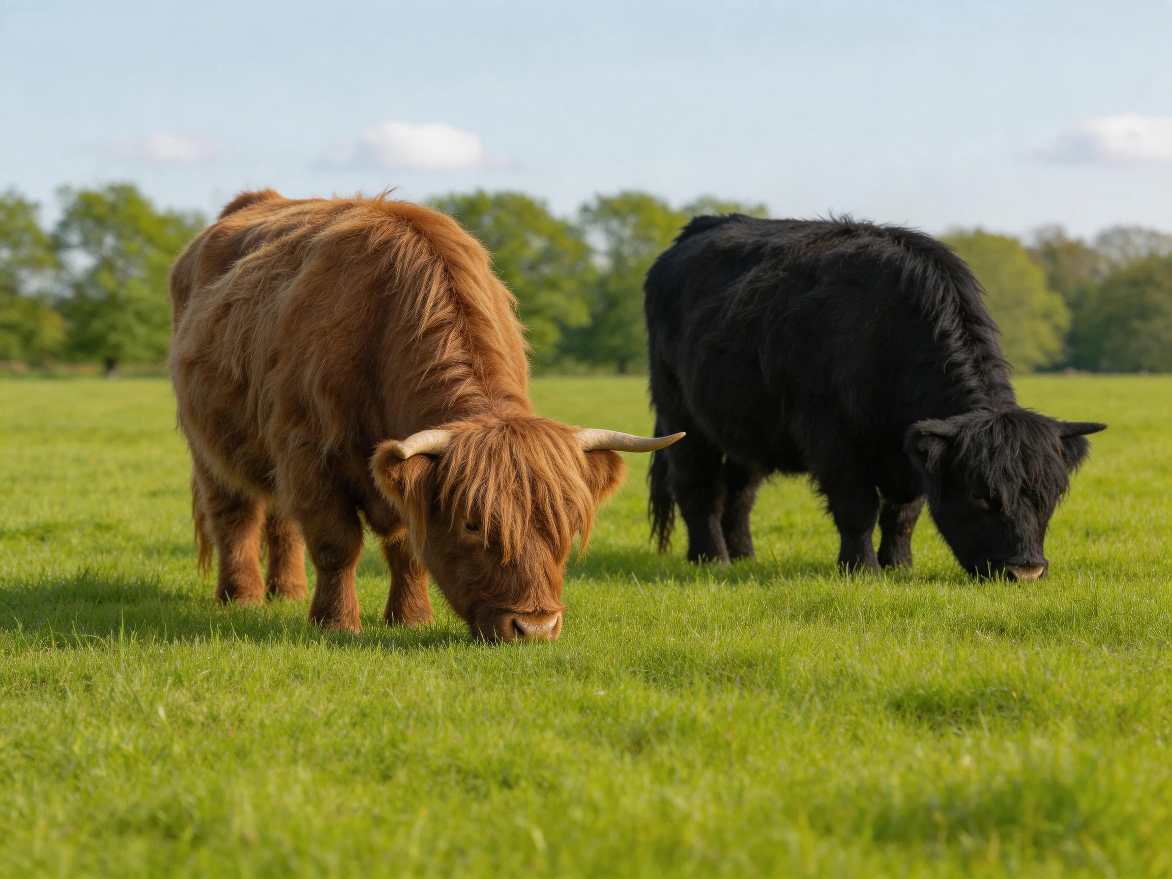 Two Highland cattle graze in a sunlit green pasture