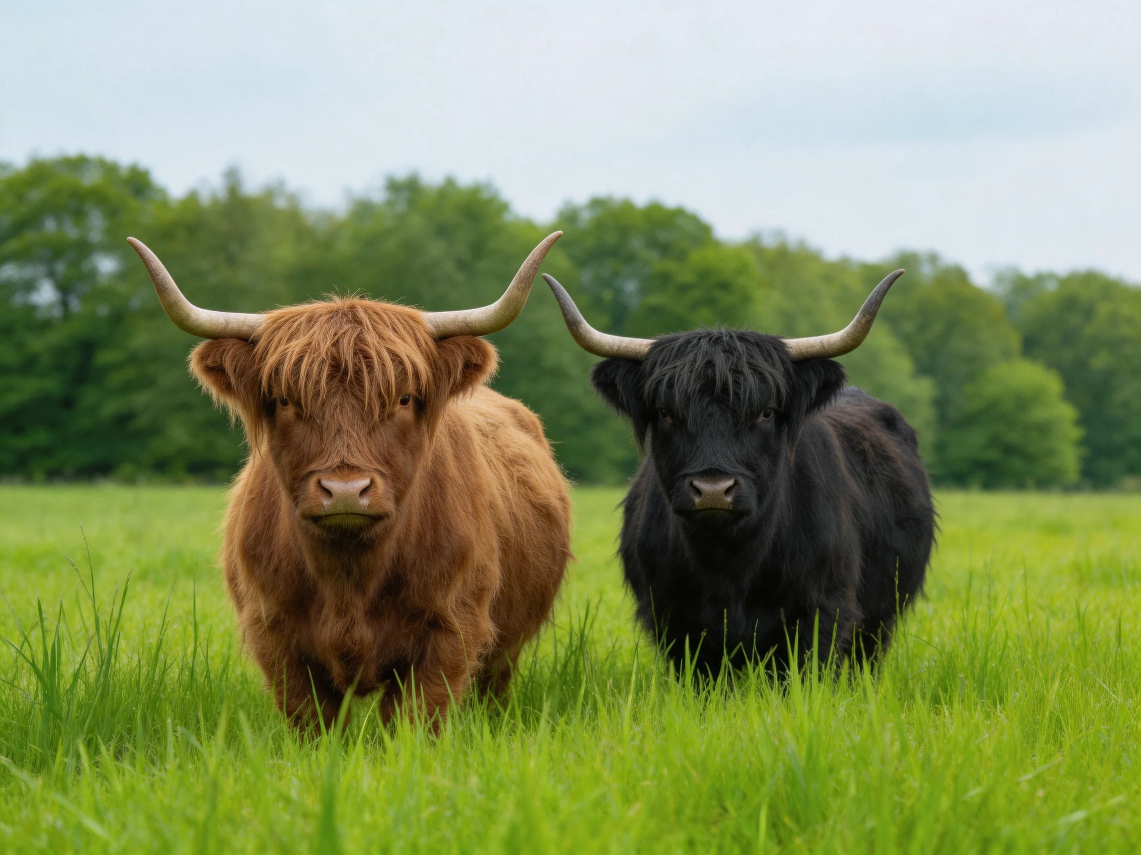 Two Highland cattle, one brown and one black, graze in a lush green meadow