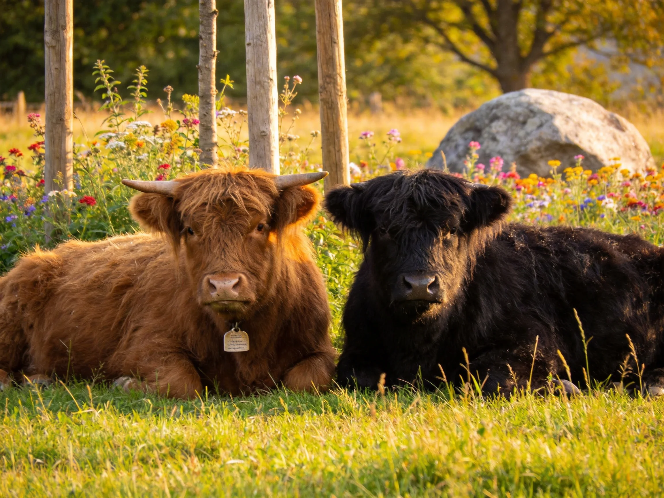 Two Highland cattle rest in a colorful meadow near wooden posts