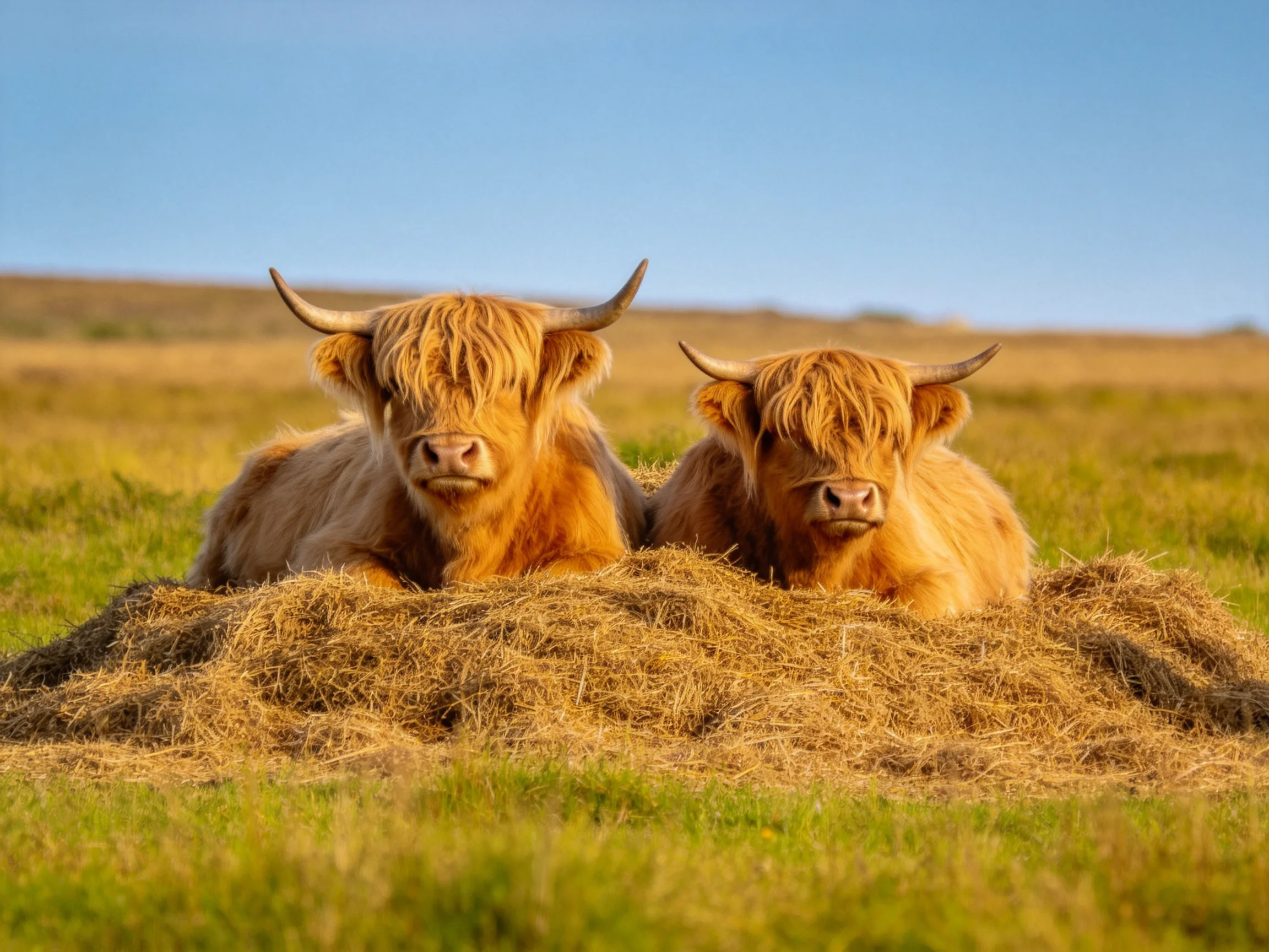 Two Highland cattle rest on a golden hay mound in a sunlit field