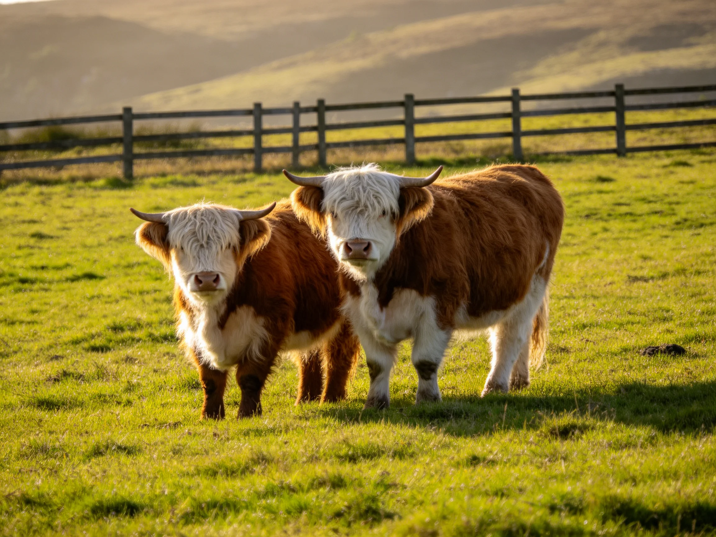 Two Highland cattle stand in a sunlit green pasture near a wooden fence