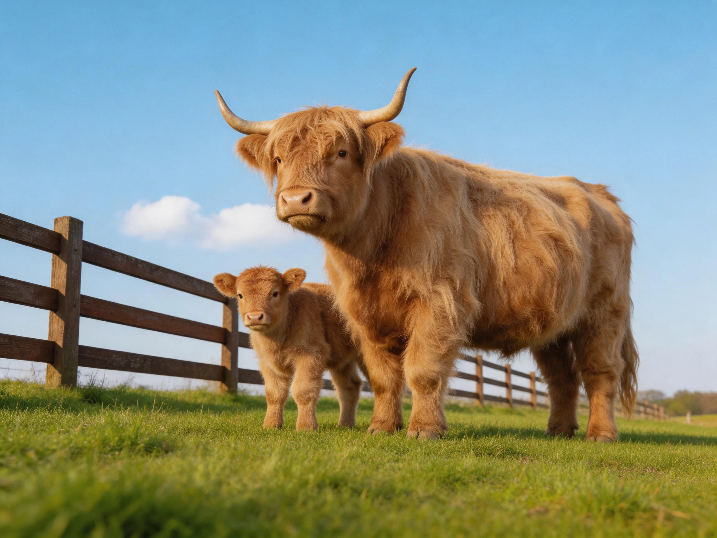 Two Highland cattle with shaggy brown coats stand beside a wooden fence on lush green grass