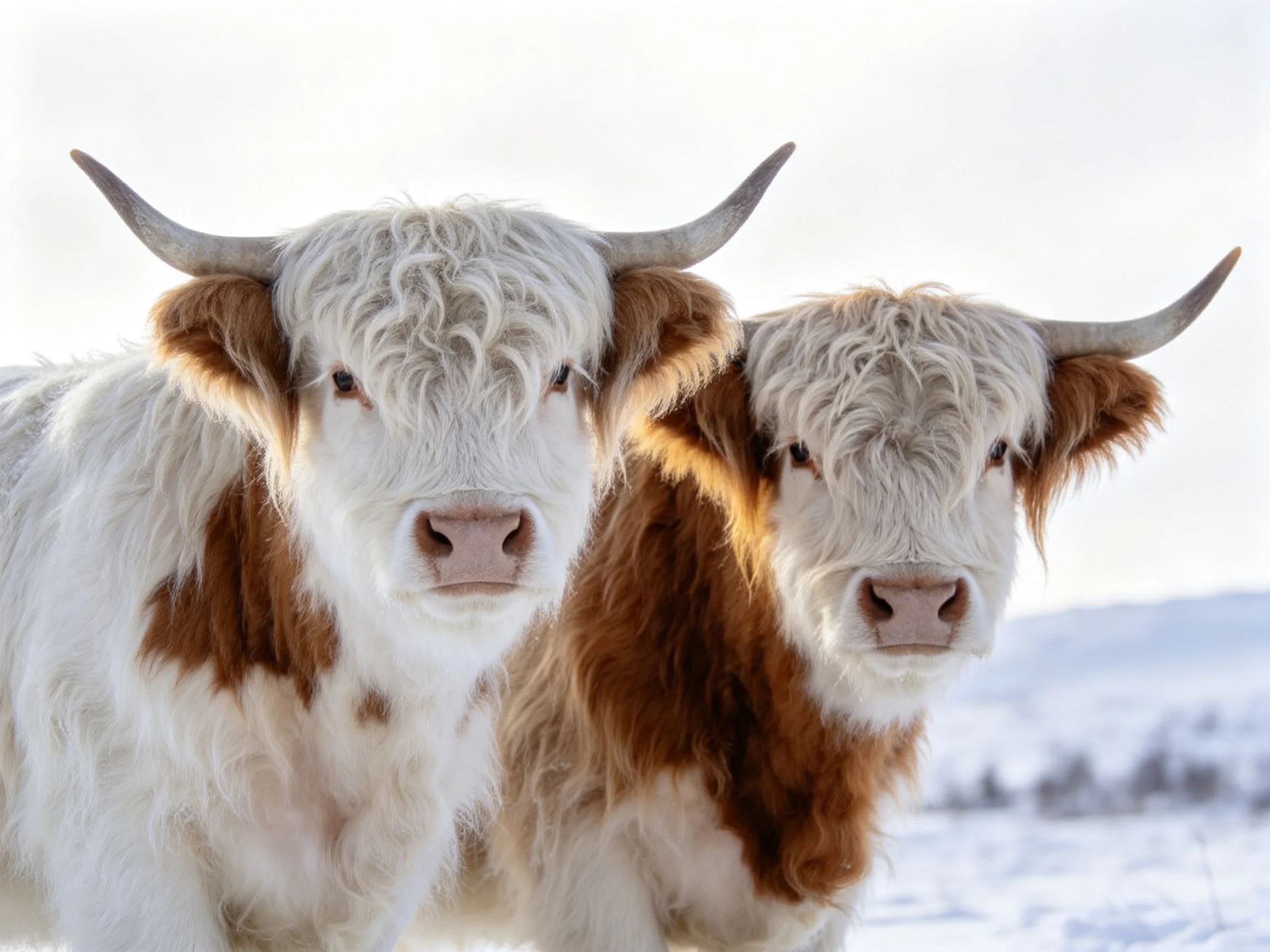 Two Highland cattle with shaggy coats in a snowy landscape