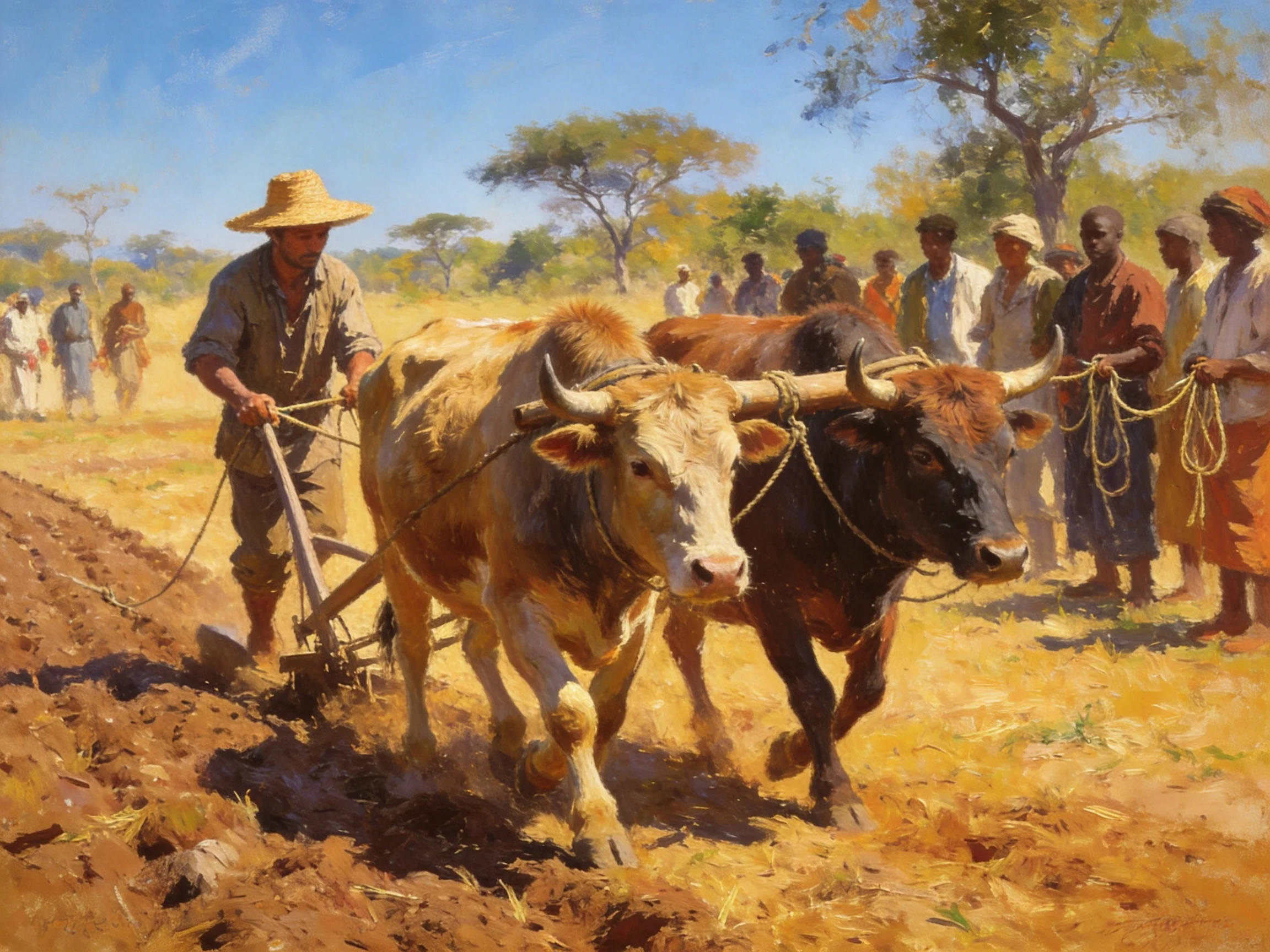 Two Oxen Plowing a Golden Field with Onlookers