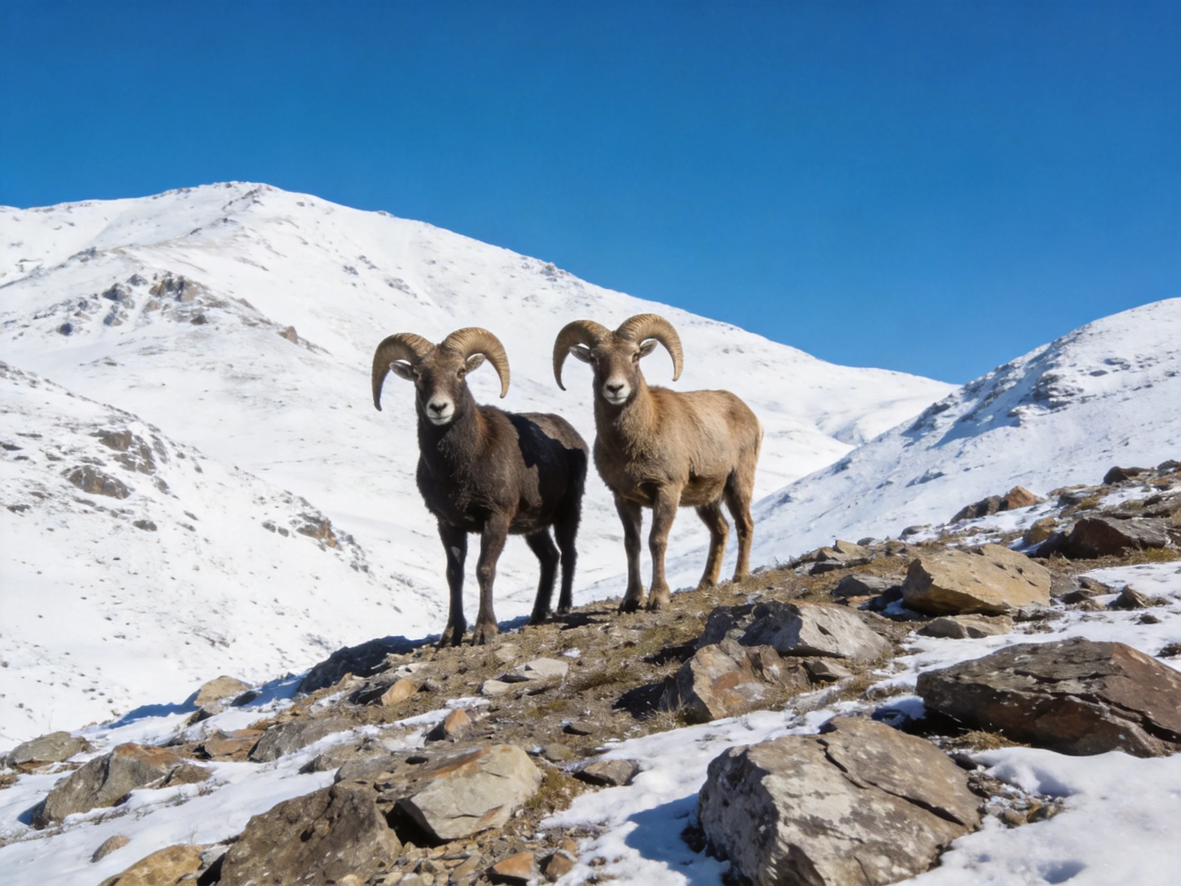 Two bighorn sheep on a rocky, snow-dusted mountain slope