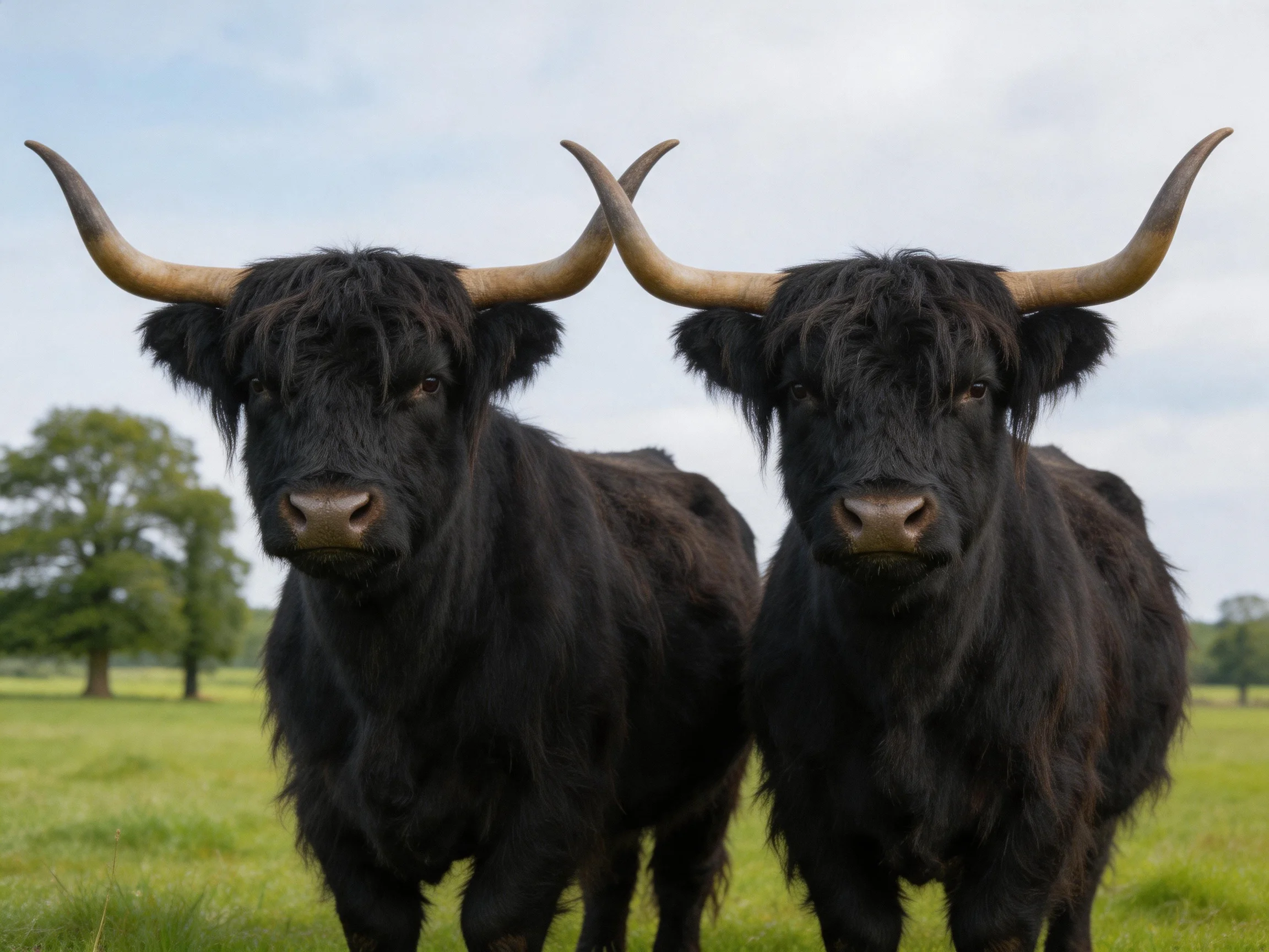 Two black Highland cattle with large curved horns in a green field