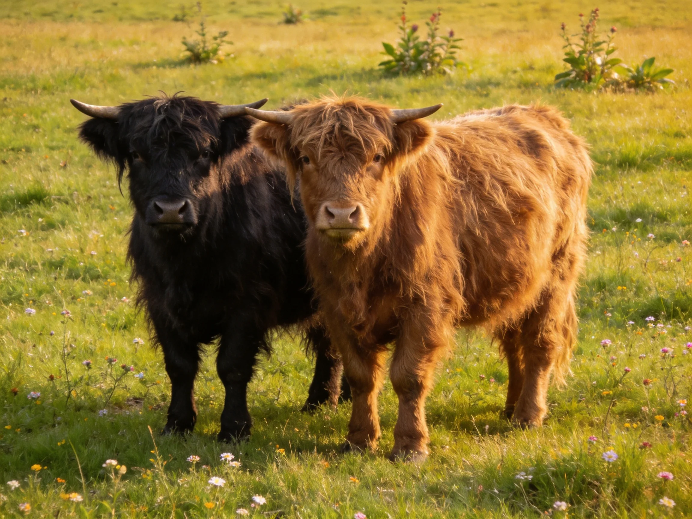 Two black and brown Highland cattle in a sunlit meadow