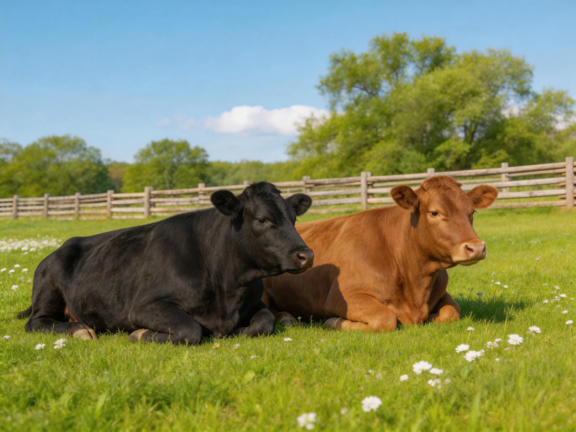 Two black and brown cows relax in a bright green meadow