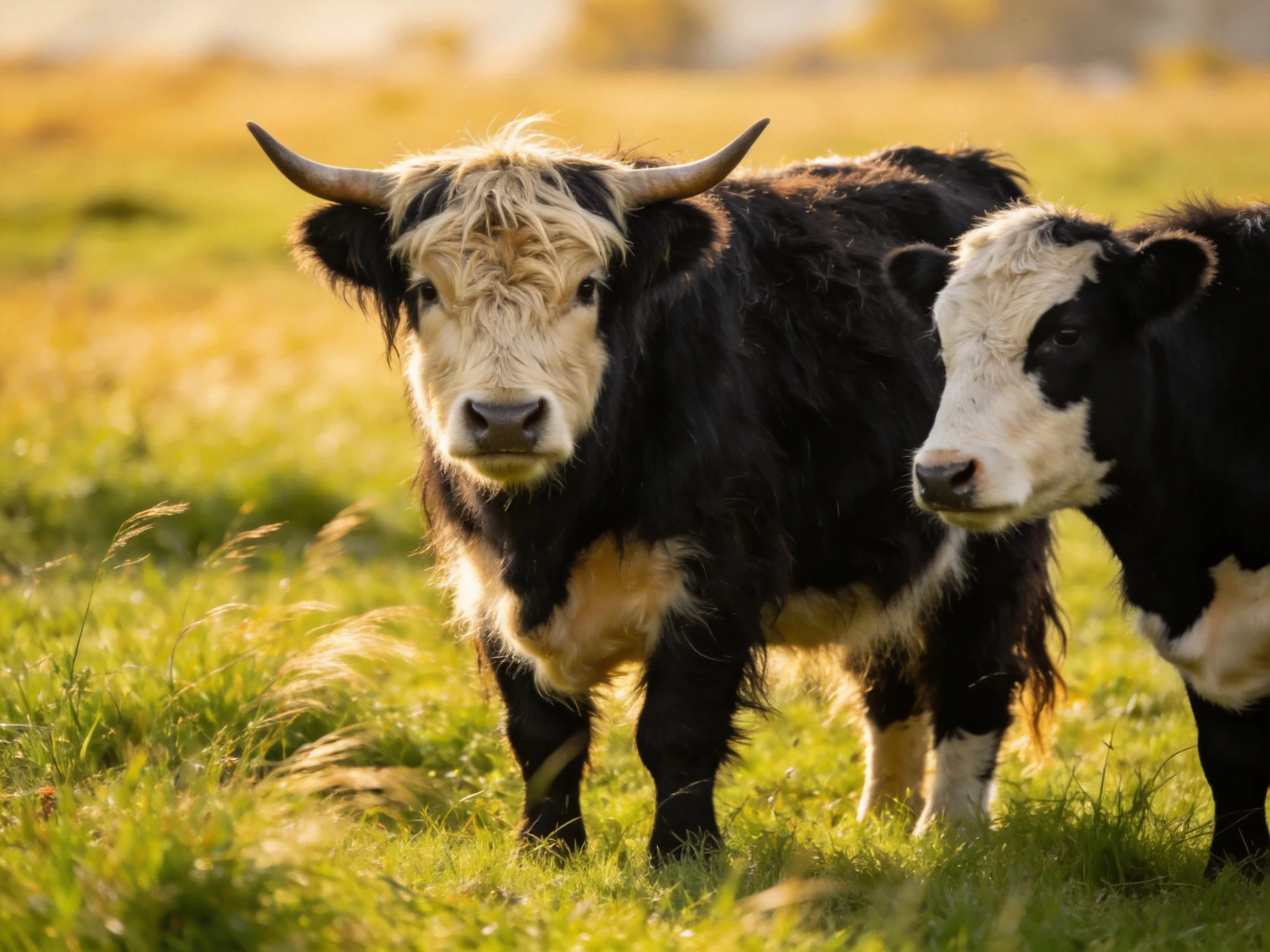 Two black and tan Highland cattle stand in a sunlit green meadow