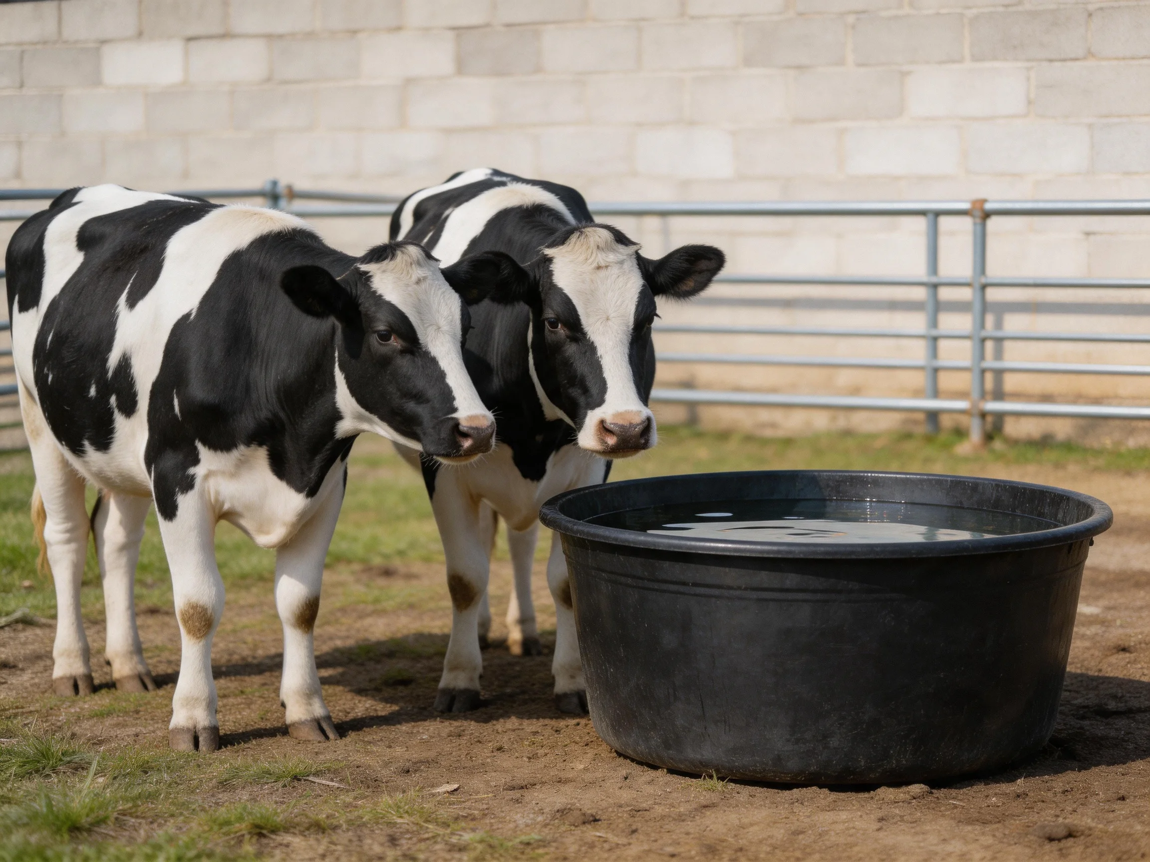 Two black-and-white Holstein cows gather by a large black water tub
