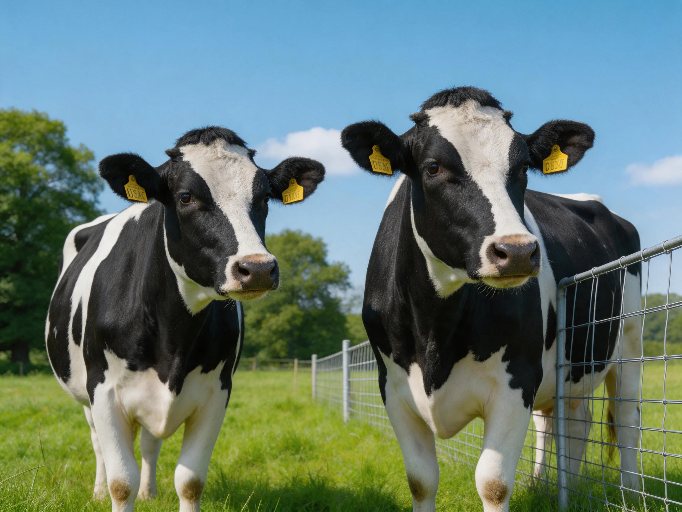 Two black and white Holstein cows stand in a green pasture beside a metal fence.