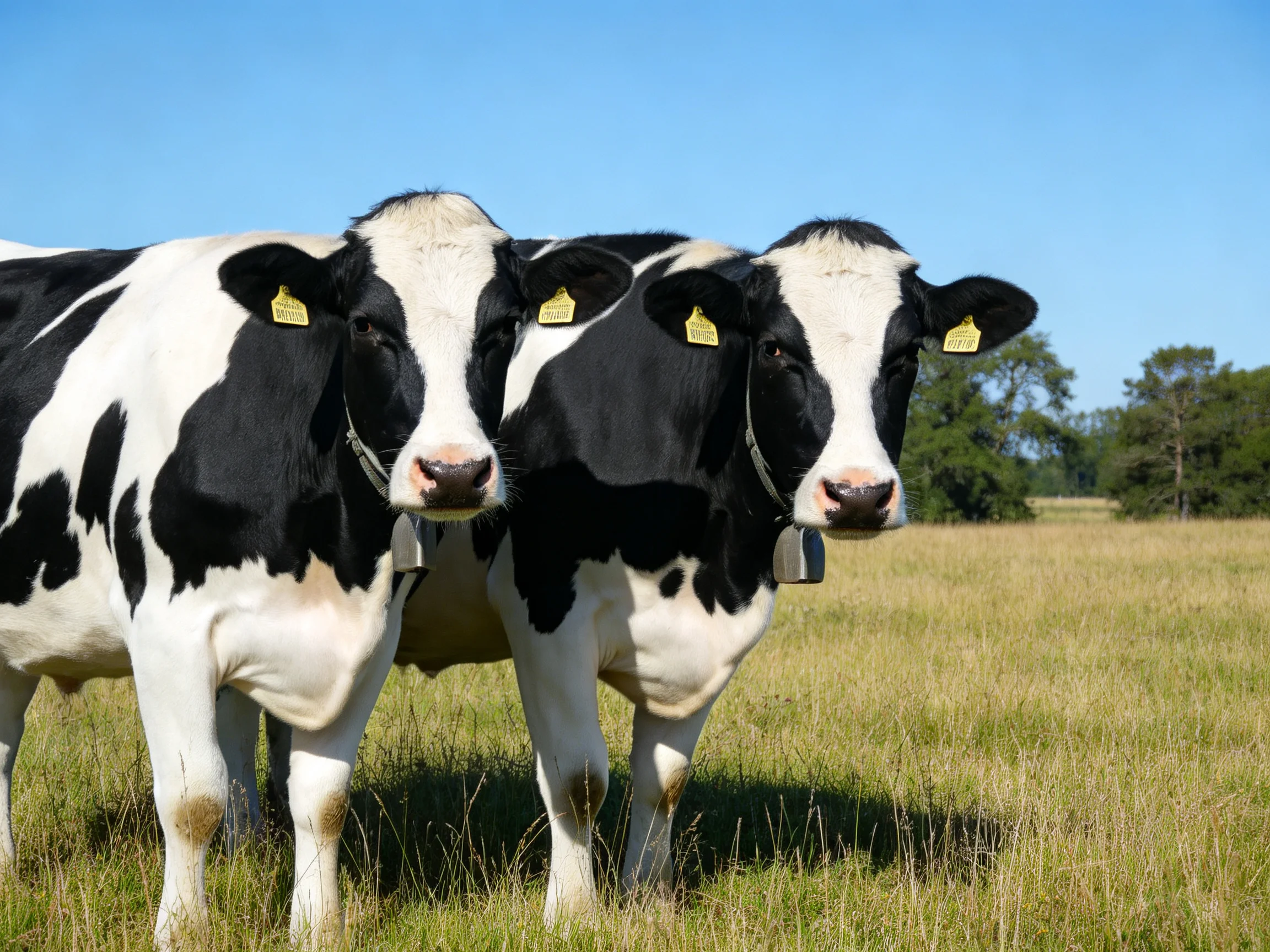 Two black and white cows stand together in a sunlit grassy field.