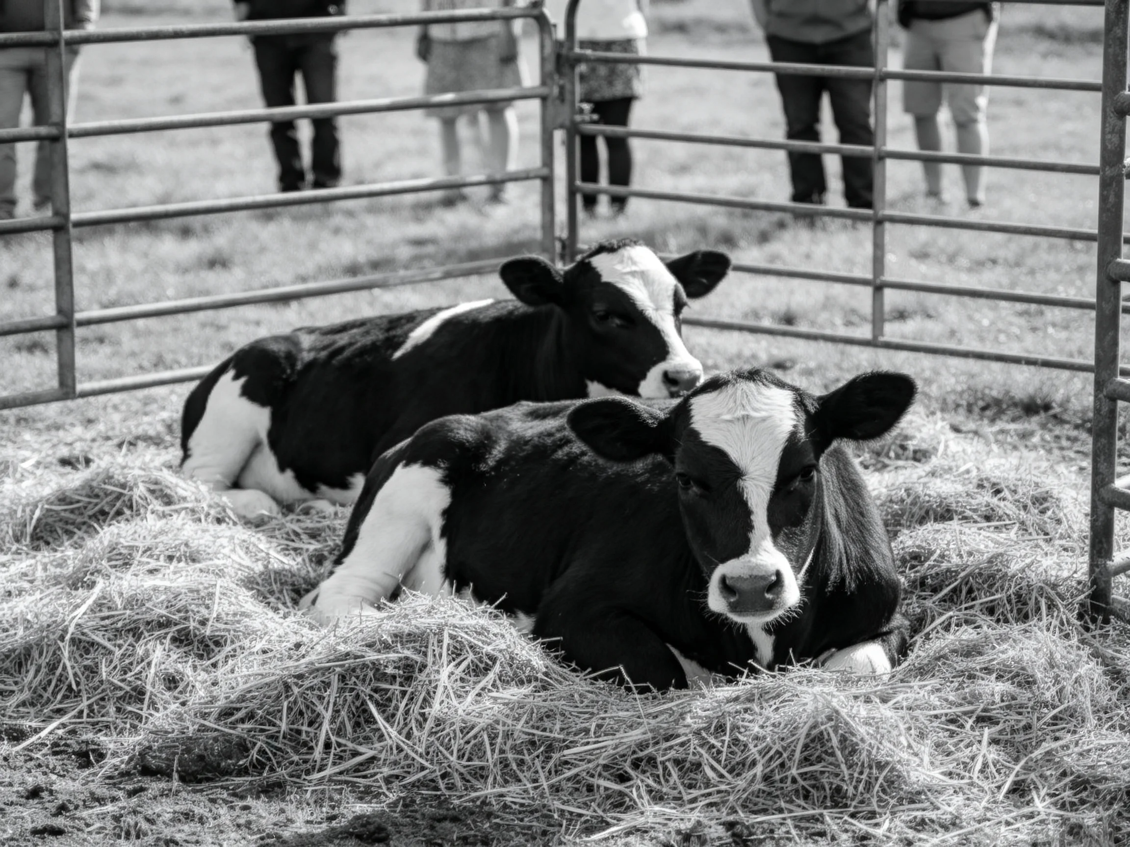 Two black-and-white calves rest on hay in an outdoor enclosure