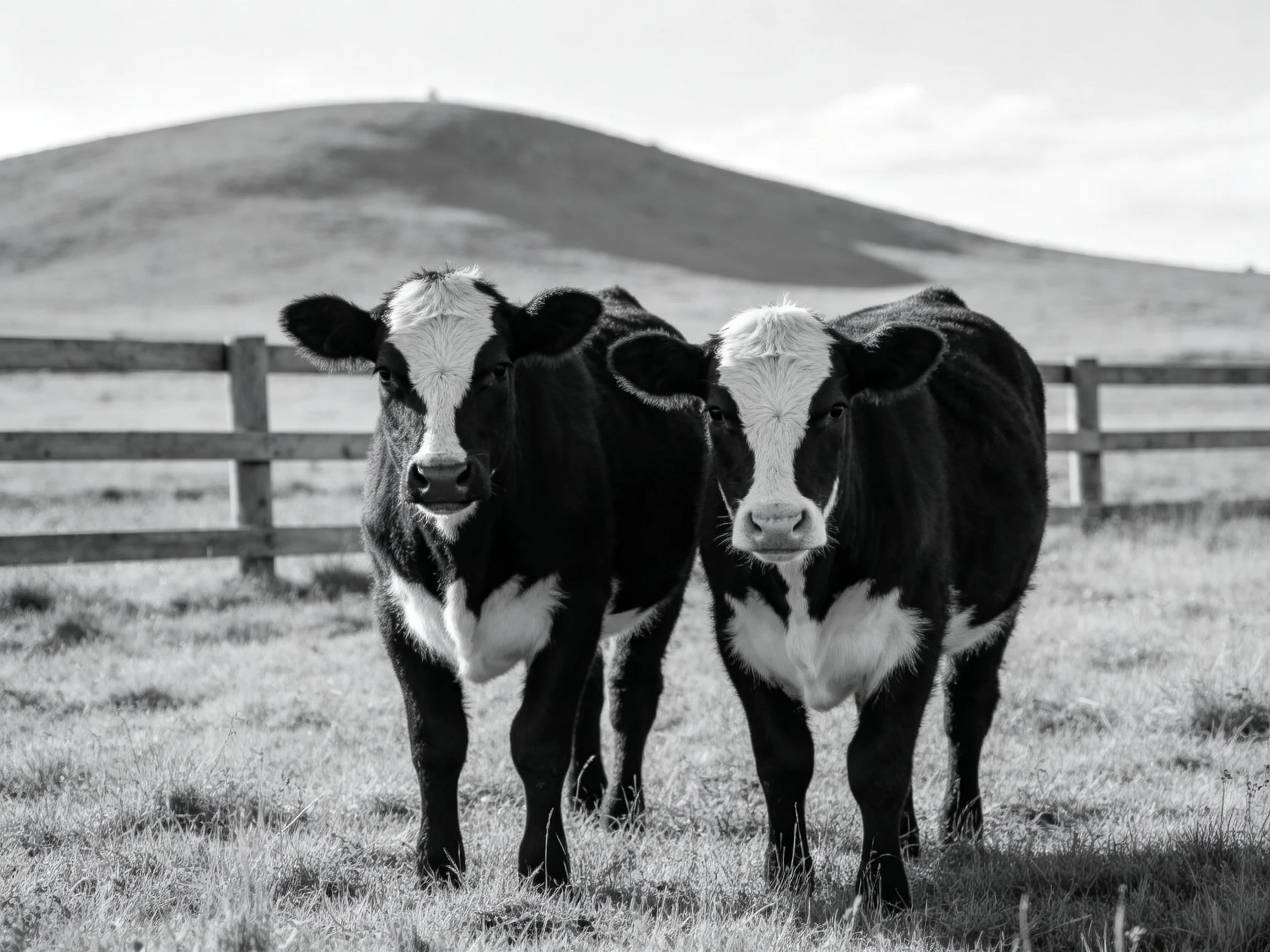 Two black-and-white calves stand beside a wooden fence by a rolling hill