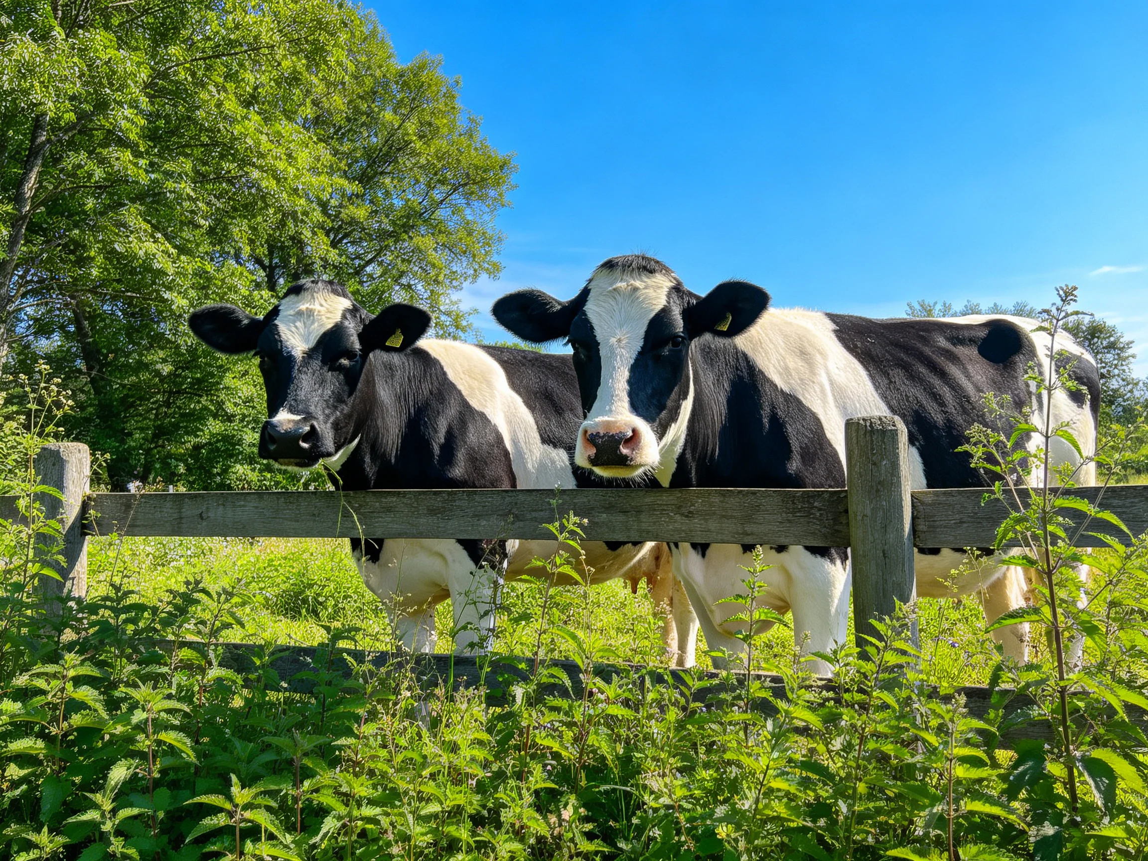 Two black - and - white cows behind a wooden fence in a sunny pasture