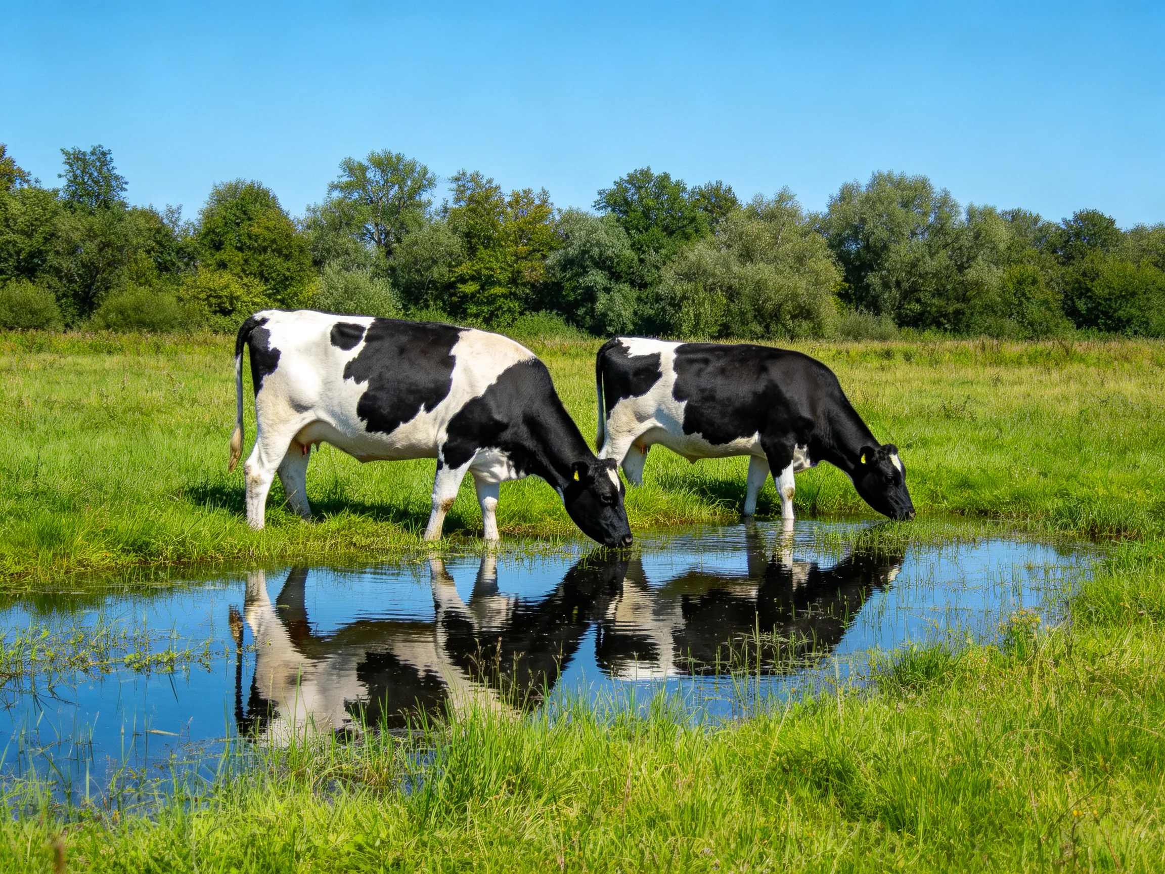 Two black-and-white cows drink from a stream in a lush meadow