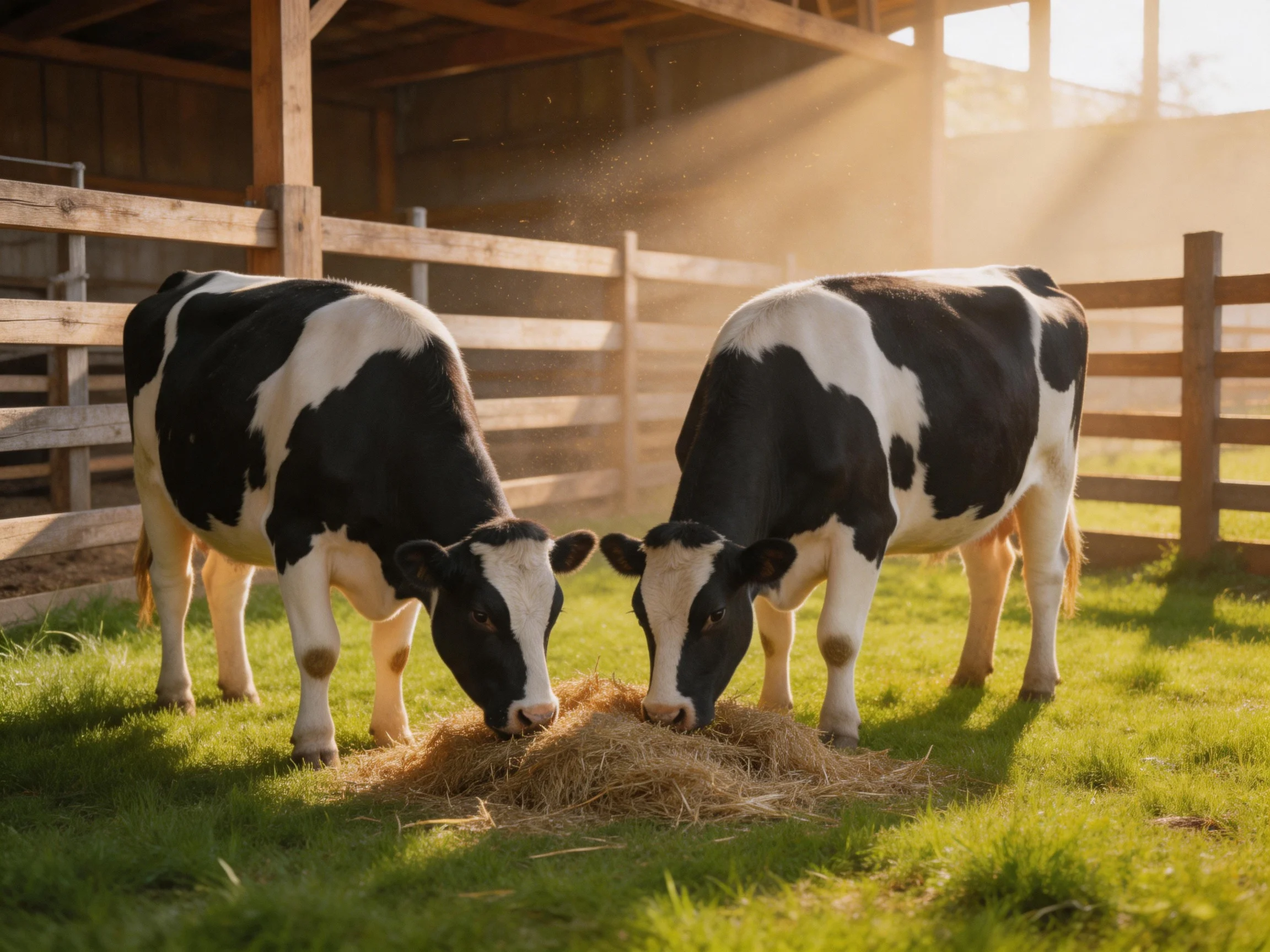 Two black-and-white cows eat hay near a wooden barn under golden sunlight