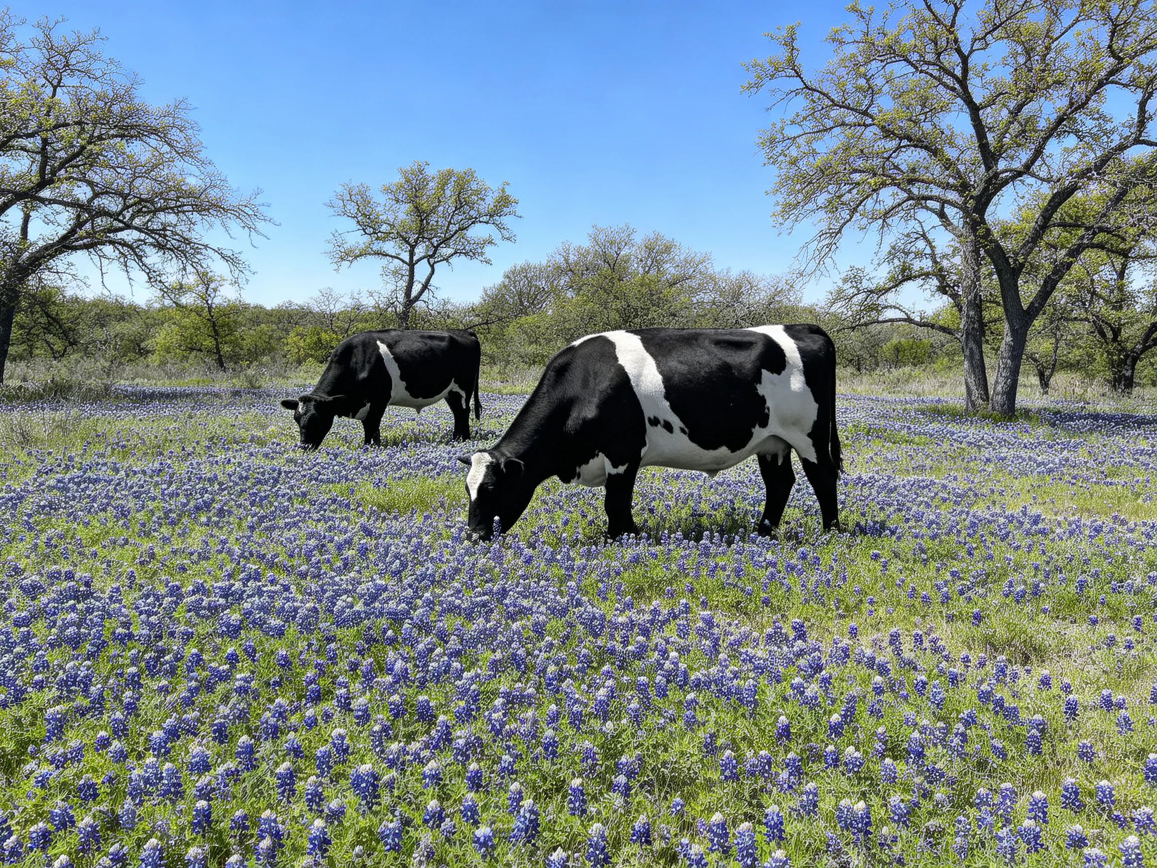 Two black-and-white cows graze in a field of purple wildflowers