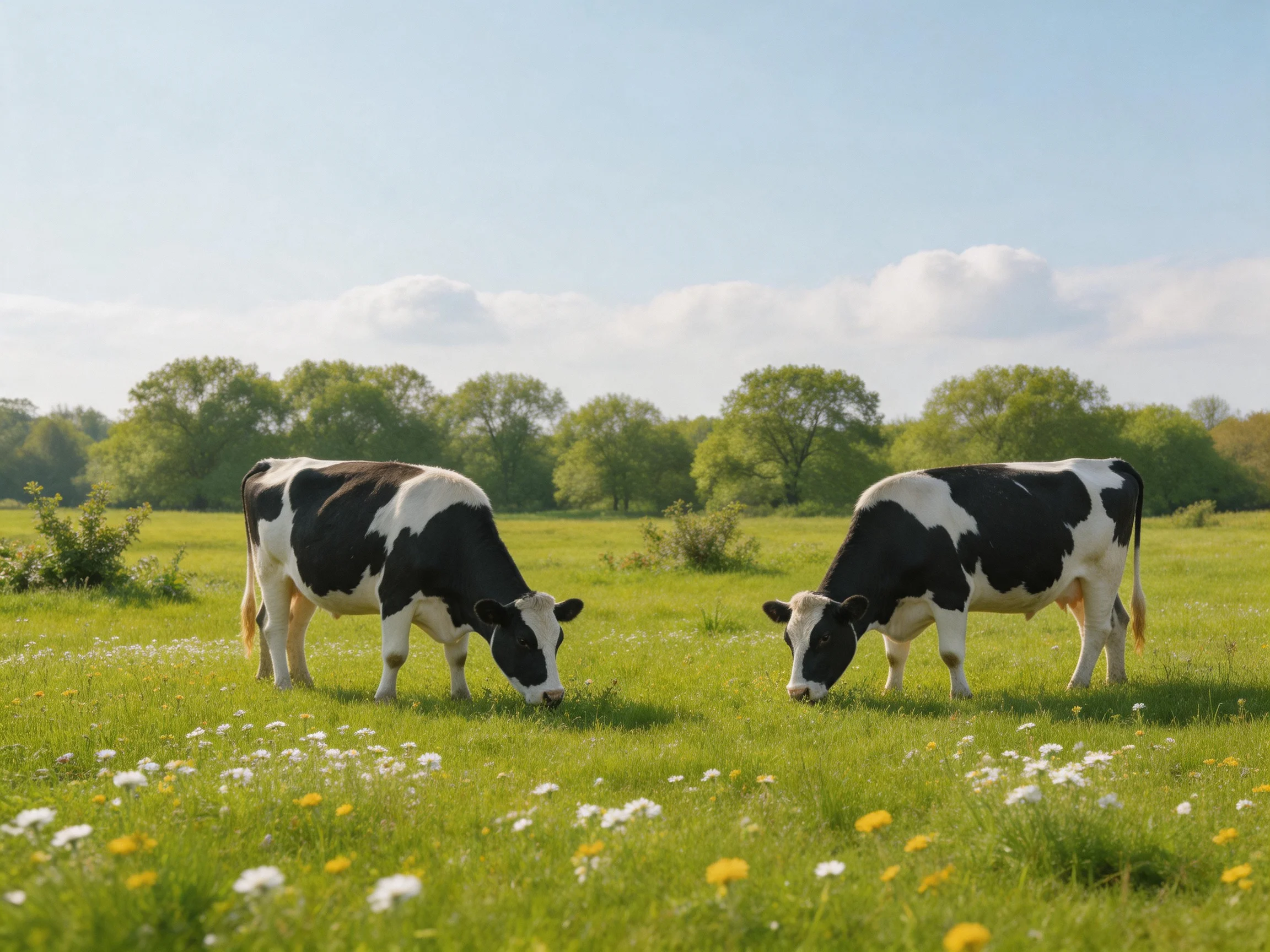 Two black-and-white cows graze in a flower-filled green pasture