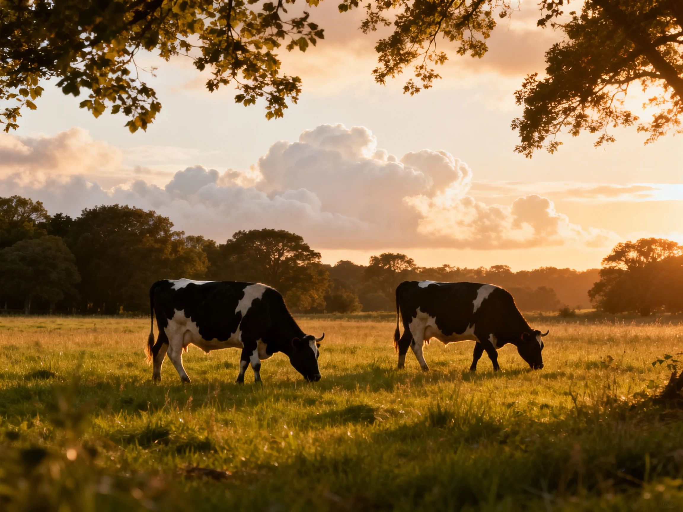 Two black-and-white cows graze in a sunlit meadow at sunset.