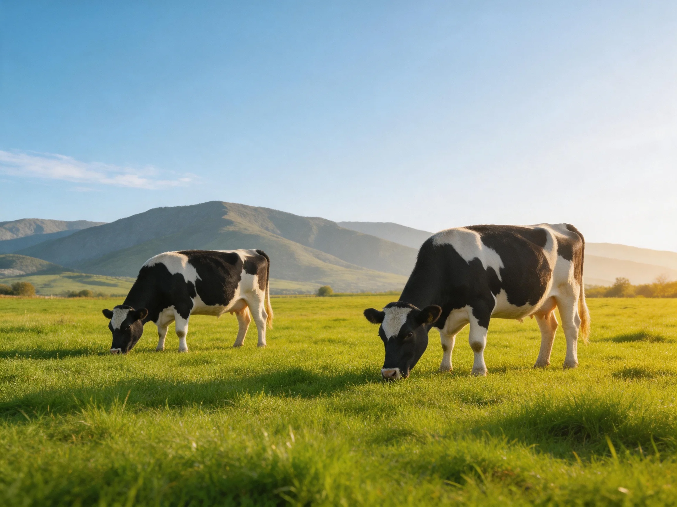 Two black and white cows graze in a sunlit meadow with distant mountains