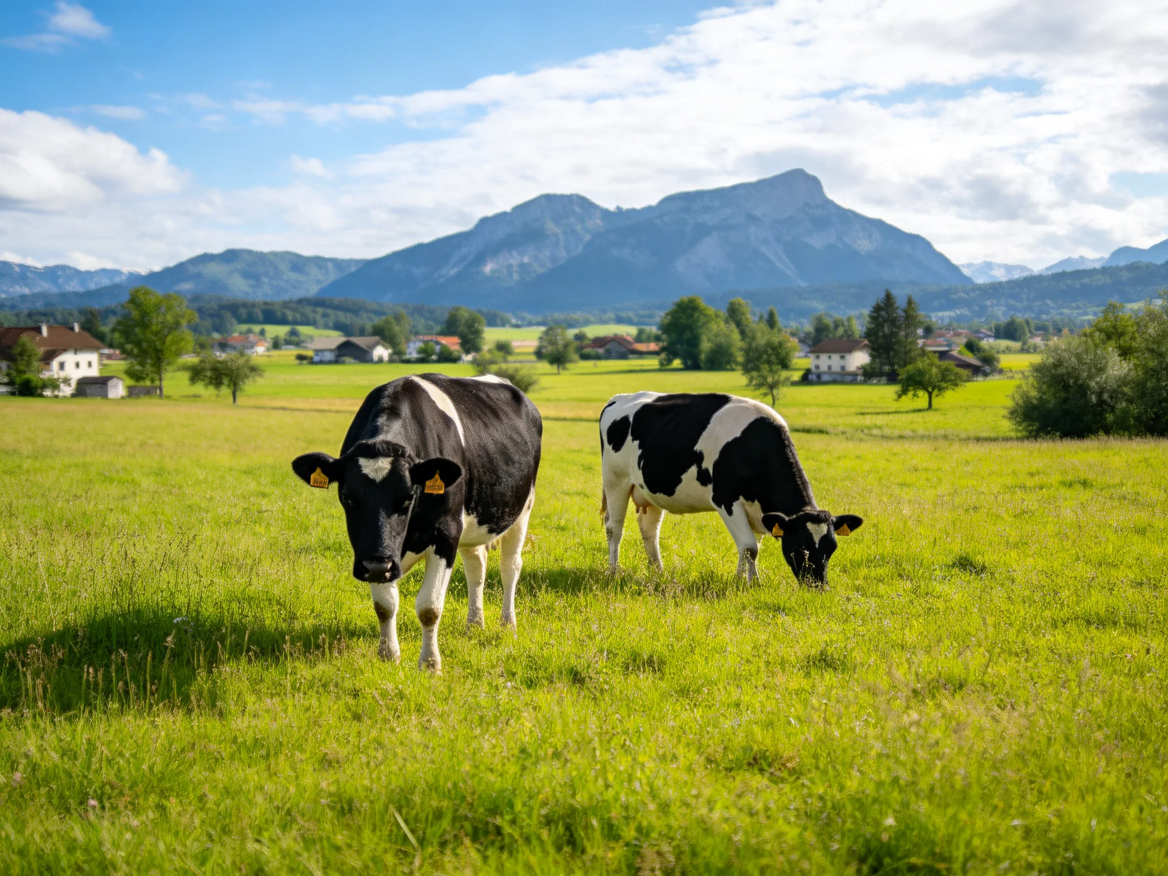 Two black-and-white cows graze in a lush green meadow with distant mountains