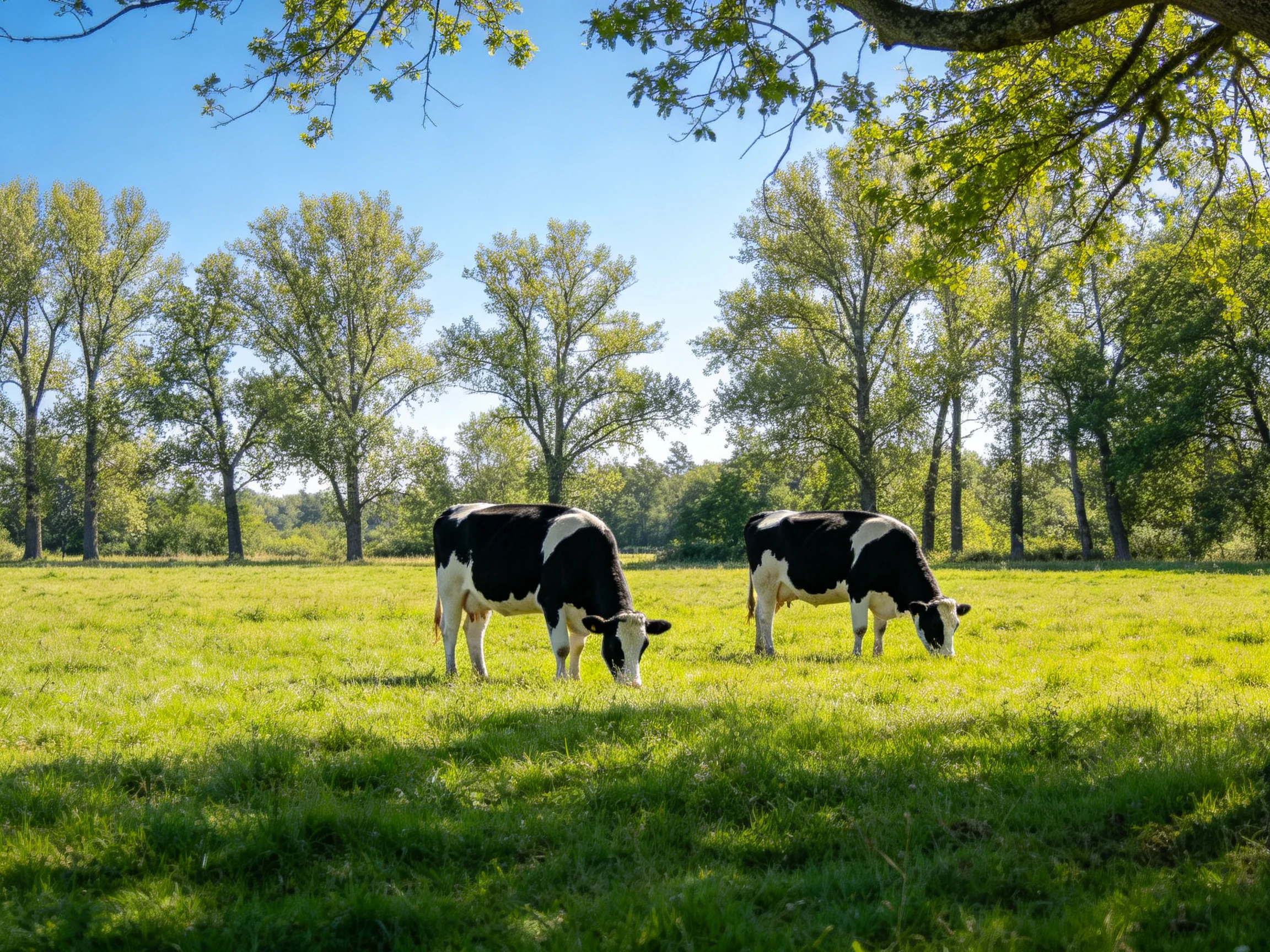 Two black-and-white cows graze in a sunlit meadow near tall trees